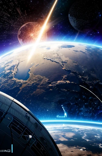 Sputnik 1 fall. Futuristic. Best quality and highly professional design. Cyberspace. UltraHD. 8k. High resolution. Dark tones. Universal galactic constellation.