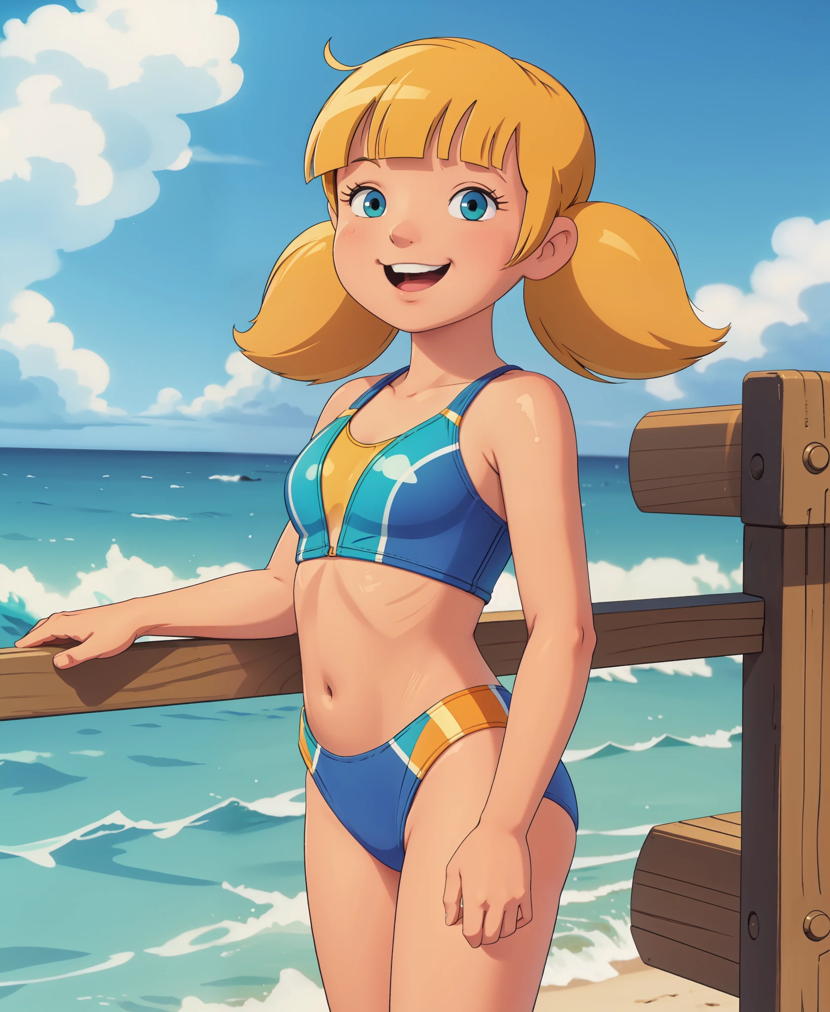 solo, 1girl, penny, blonde hair, twintails, blunt bangs, solo, beach, ocean, sky, sunny, (swimsuit), smile, masterpiece, best quality, 