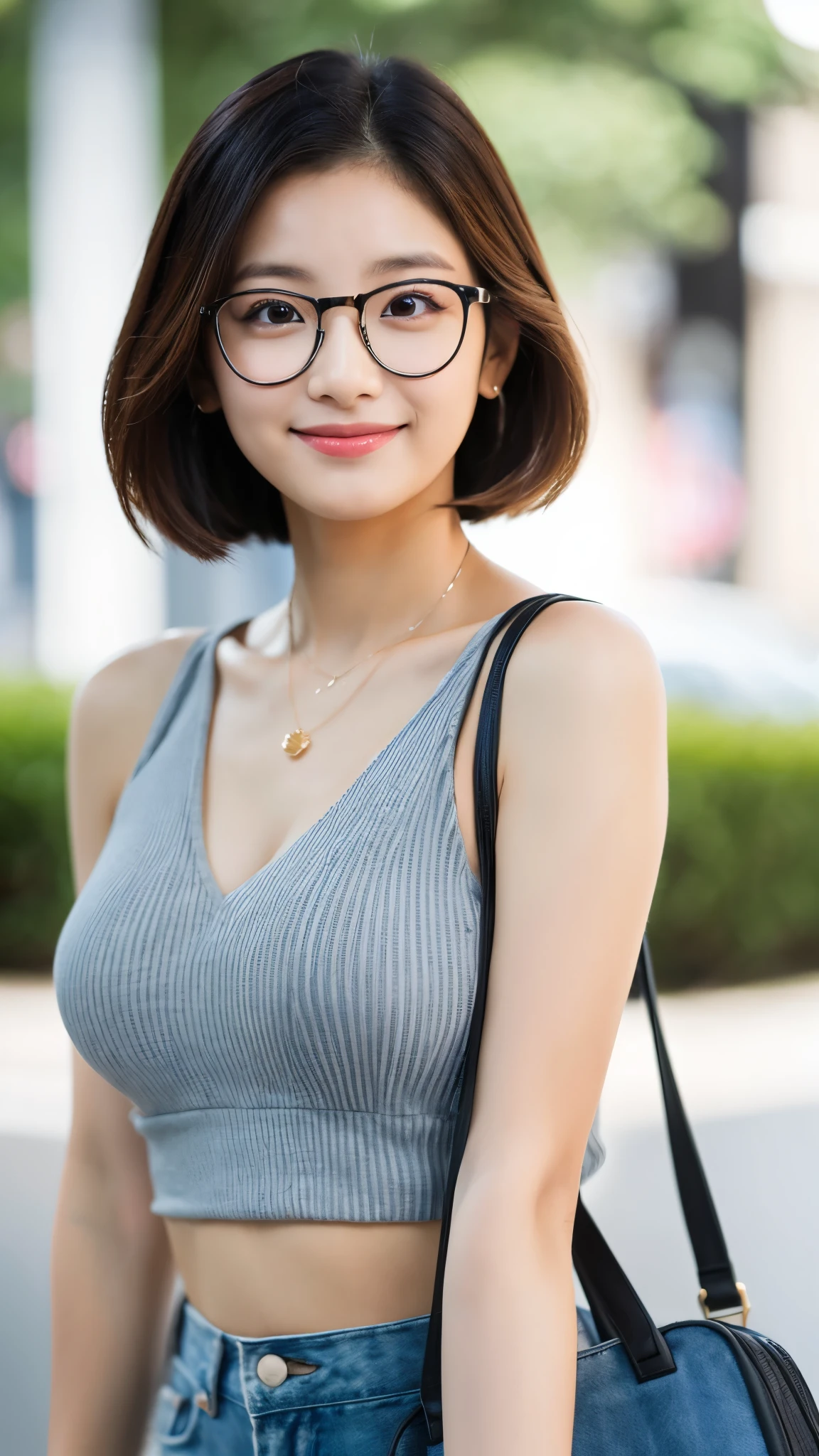 close-up of beautiful korean female, 34 inch breasts size, slightly smile , wearing gray striped crop top, glasses, carry bag, bokeh background