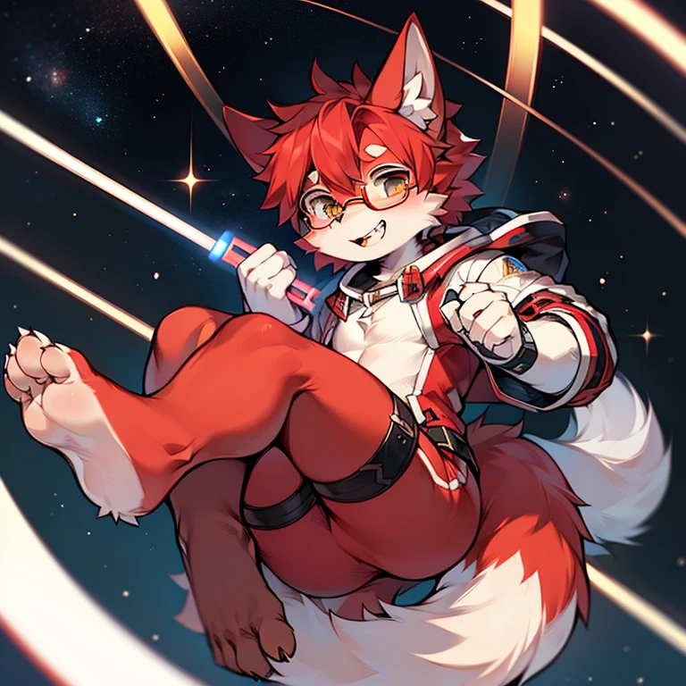 wear glasses,masterpiece, high quality, H, number \(artwork\), Cutting thick snacks, Yes,Kiyoyama,Red hair all over, male wolf,short hair,portrait, Bright Eyes,The eyes are gray,white belly,The tip of the tail is white,White palms and soles,Meatballs pink panorama,hairy,male focus,Hana Charcoal,(Full body fur, hairy尾巴, red fur,),long canine teeth,Lightsaber in hand,space background,Aviation suits