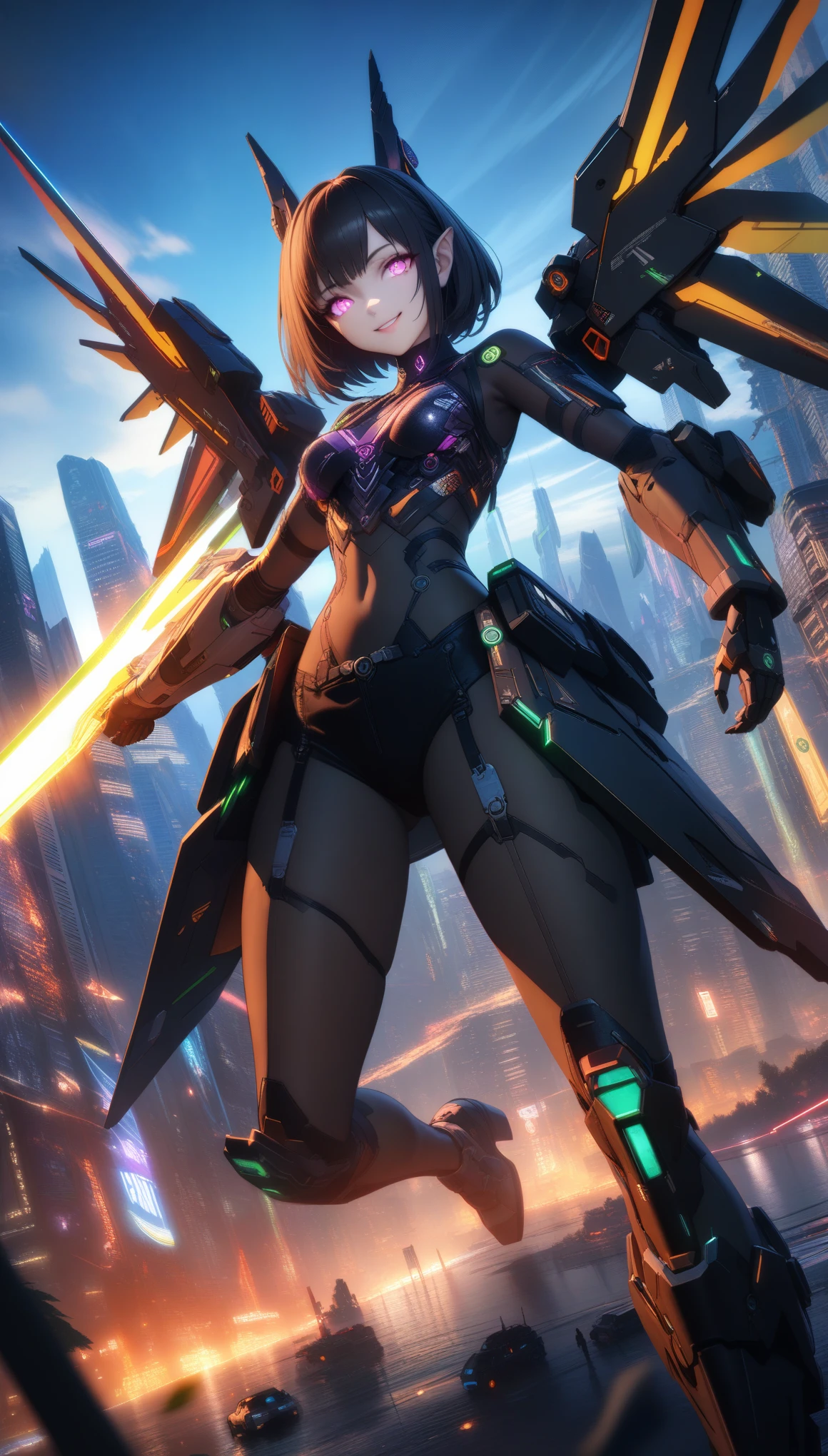 32k, best quality, ultra high res, HDR, UHD, extremely detailed CG, unity 32k wallpaper, masterpiece,(highest quality),very detailed,Super detailed,1 girl,(Mechanicalwing:Moneyen,shining eyes:green,Moneyenrarmor:1.2,elongated ears:0.8),(cyberpunk city:1.5,arms:Energy Blade),(fantasy landscape:1.2,Natural light:1.5,confident look),(panorama:1.2),Mecha, smile,angle,angels, wing,Money,born,close