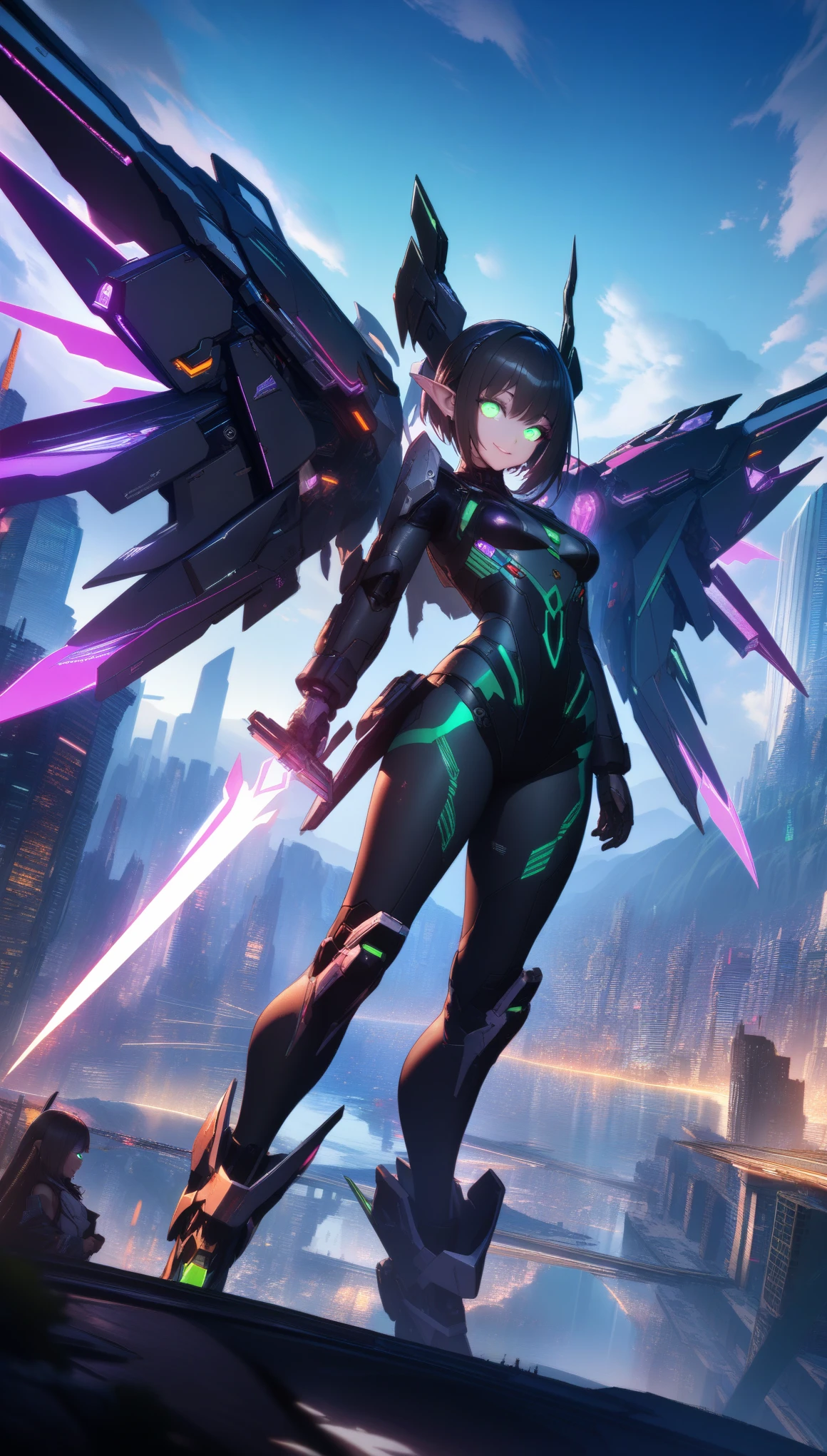 32k, best quality, ultra high res, HDR, UHD, extremely detailed CG, unity 32k wallpaper, masterpiece,(highest quality),very detailed,Super detailed,1 girl,(Mechanicalwing:Moneyen,shining eyes:green,Moneyenrarmor:1.2,elongated ears:0.8),(cyberpunk city:1.5,arms:Energy Blade),(fantasy landscape:1.2,Natural light:1.5,confident look),(panorama:1.2),Mecha, smile,angle,angels, wing,Money,born,close