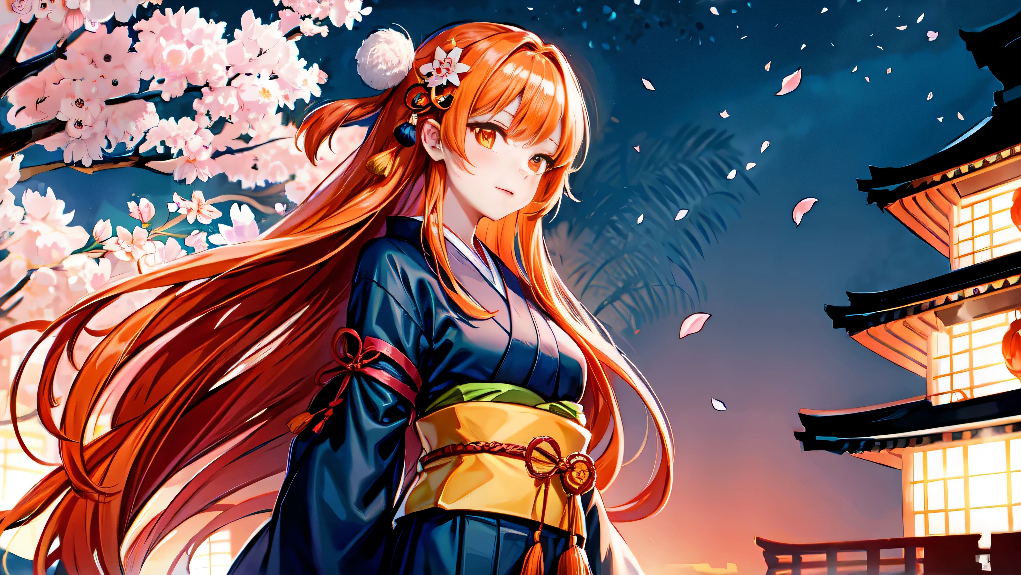 1 girl,orange hair,long hair (sketch:1.2),High definition, (midnight:1.4),(Japanese style:1.4),cherry blossoms,princess,trendy