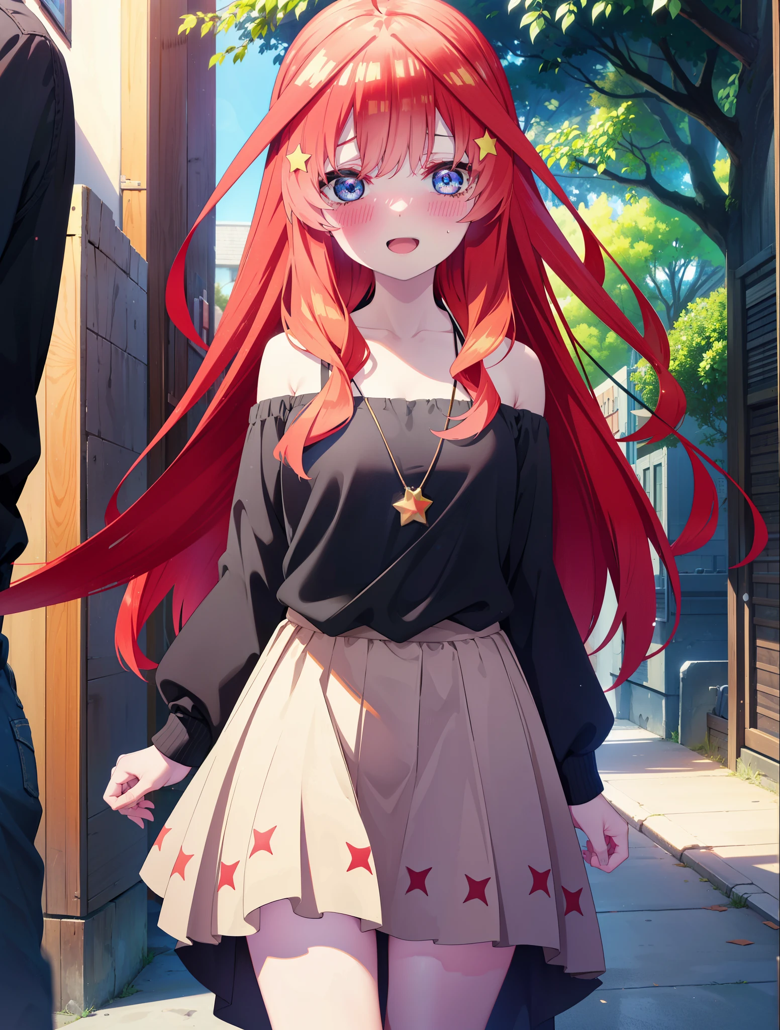 itsukinakano, itsuki nakano, bangs, blue eyes, hair between eyes, Ahoge, redhead, star \(symbol\happy smile, smile, open your mouth,embarrassing,blush, hair ornaments, star hair ornaments,red off shoulder sweater,bare shoulders,bare clavicle,naked neck,Heart Pendant Necklace,Black long skirt,Mini Boots,whole bodyがイラストに入るように,There are many shops,noon,
break outdoors, entrance,
break looking at viewer,whole body (cowboy shot:1.5),
break (masterpiece:1.2), highest quality, High resolution, unity 8k wallpaper, (shape:0.8), (fine and beautiful eyes:1.6), highly detailed face, perfect lighting, Very detailed CG, (perfect hands, perfect anatomy),