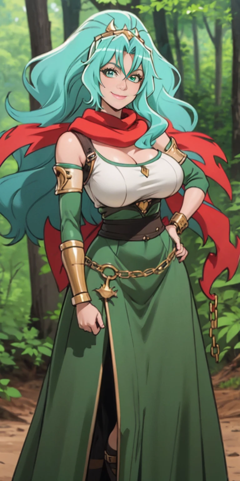 A woman with long cyan hair, red reptilian eyes and a curvaceous figure, smiling in a fantasy world forest, holding a fan with one hand, big breast, solo, 1girl, smile, red scarf, looking at viewer, SLAVE, SHACKLES, BRACERS, CHAINS