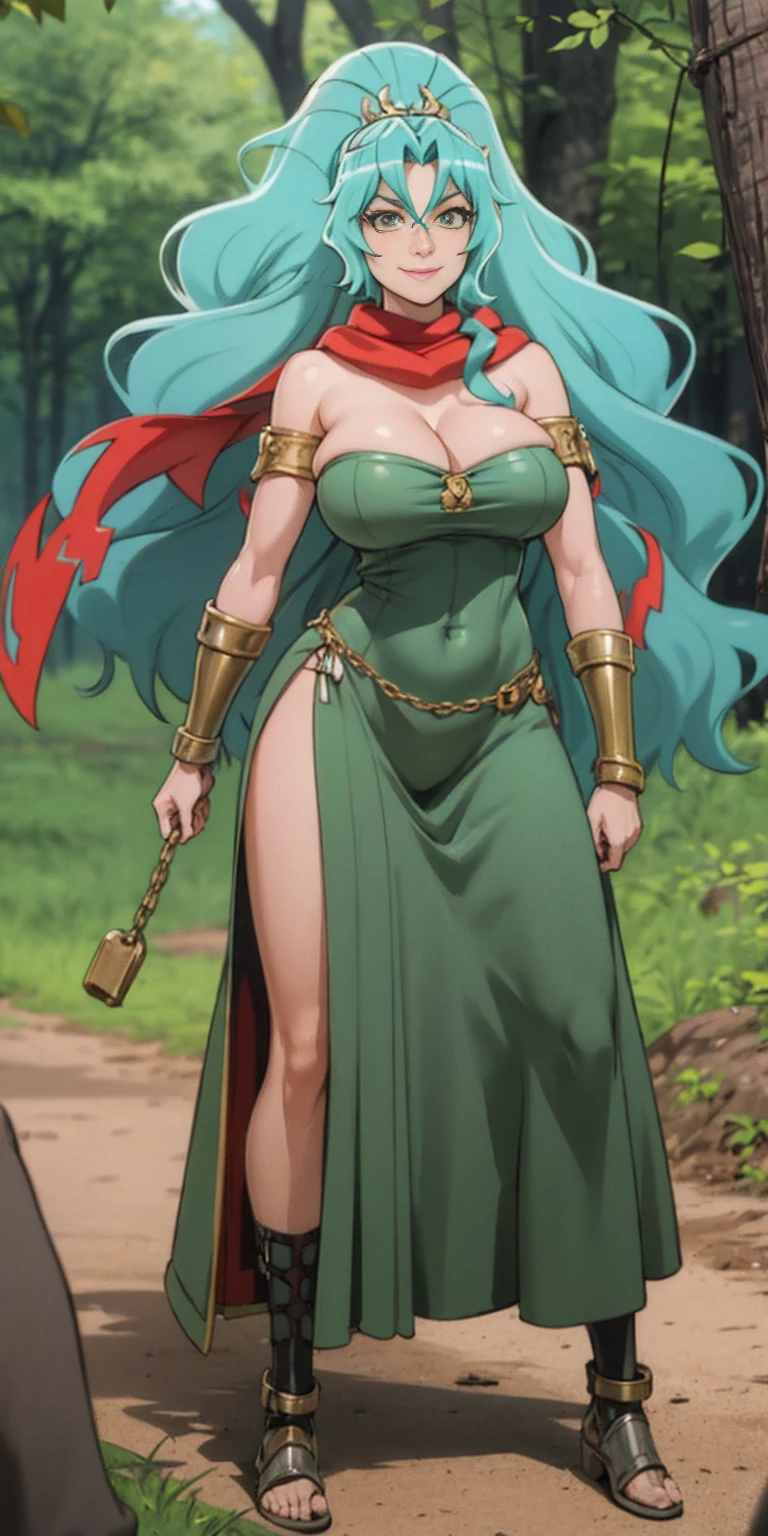 A woman with long cyan hair, red reptilian eyes and a curvaceous figure, smiling in a fantasy world forest, holding a fan with one hand, big breast, solo, 1girl, smile, red scarf, looking at viewer, SLAVE, SHACKLES, BRACERS, CHAINS