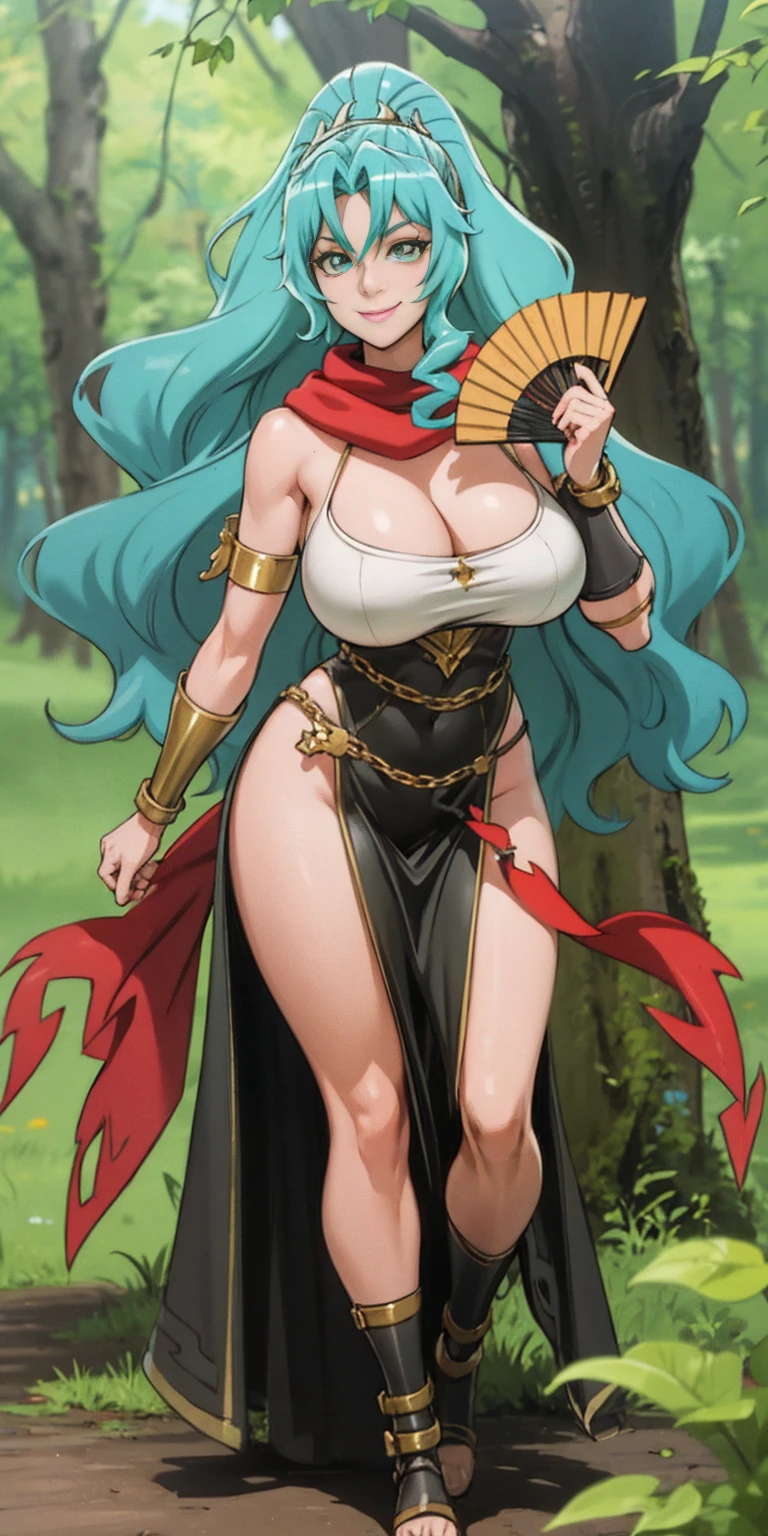 A woman with long cyan hair, red reptilian eyes and a curvaceous figure, smiling in a fantasy world forest, holding a fan with one hand, big breast, solo, 1girl, smile, red scarf, looking at viewer, SLAVE, SHACKLES, BRACERS, CHAINS