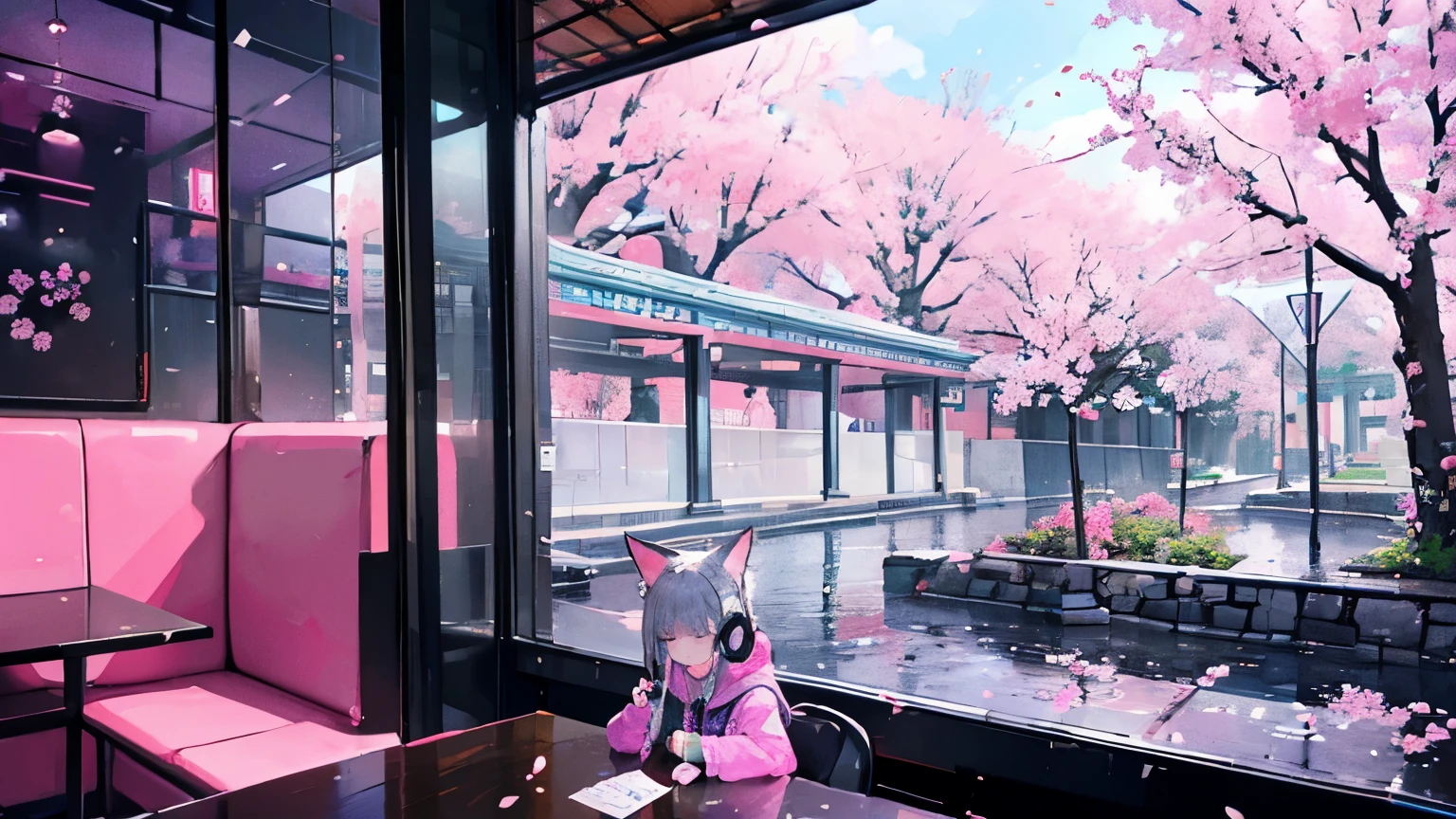 (ultra-detailed background, detailed background), High resolution, super detailed, very detailed, A girl with headphones is studying in a cafe, (geometric:1.2),(colorful),The background is a lot of cherry blossoms and cherry blossom snow.,The cat is sleeping next to me