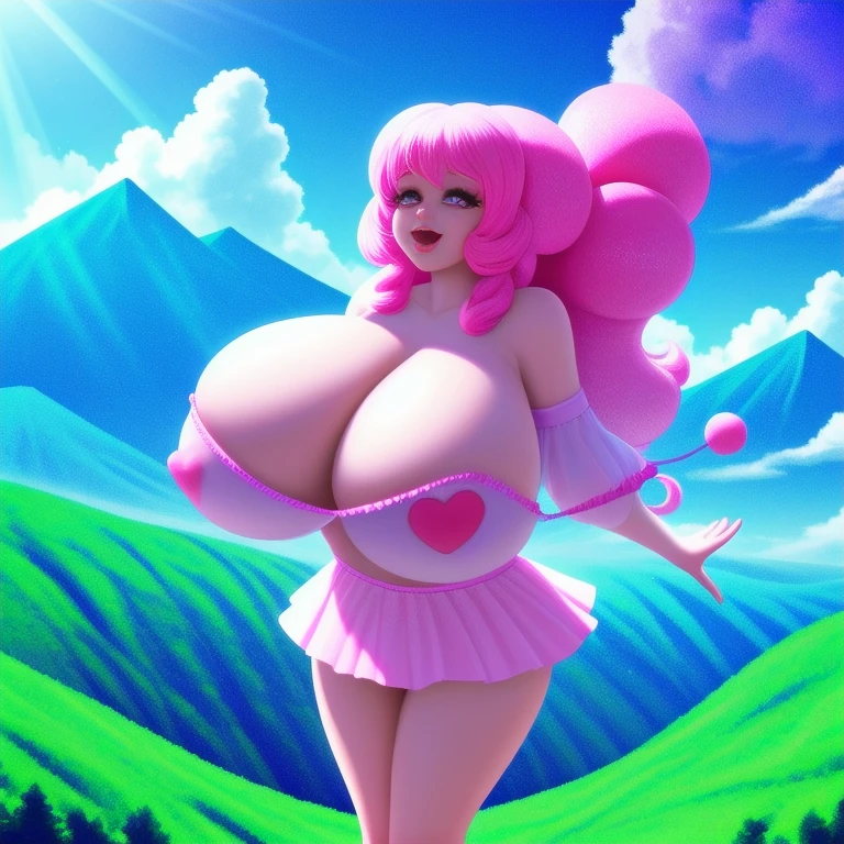 The prompt should be: "candyland, daylight, blue sky, (best quality,4k,8k,highres,masterpiece:1.2),ultra-detailed,(realistic,photorealistic,photo-realistic:1.37), vivid colors, sharp focus, physically-based rendering, sweet treats, fluffy clouds, joyful children, whimsical landscapes, candy cane forests, lollipop flowers, magical atmosphere, happy laughter, sugar-coated dreams, vibrant colors, sugary mountains, playful imagination, cotton candy skies, delicious delights, sugary sweetness, candy-filled paradise, sugary sculptures, candy swirls, mouthwatering allure, sugar crystals, dreamy settings, delightful surprises, sugary rainbows, sparkling confectionery, radiant sunshine, mouthwatering hues, whimsical characters, magical lights, cotton candy clouds, scrumptious treats, sugary pastels, enchanting scenery, delightful sensation, sugary celebration, joyous adventure.", beautiful busty mature women, covered gigantic breasts, microskirt, full body shot