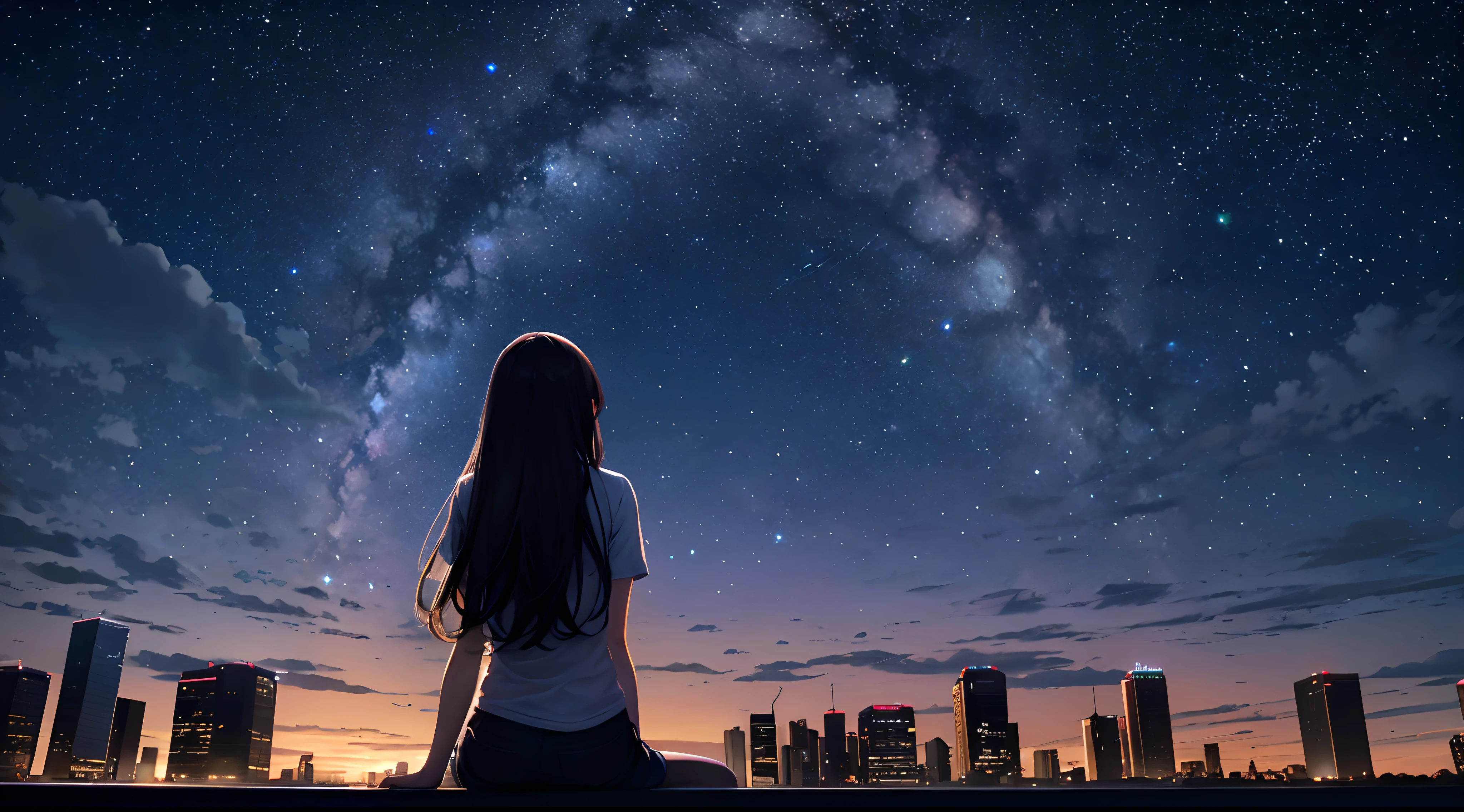 octans, heaven, estrela (heaven), paisagem, starly sky, noite, 1girl, night sky, solo, ao ar livre, bilding, nuvem, milky ways, sentado, tree, cabelo longo, cidade, silhueta, paisagem urbana, Paisagem em tons de azul e vermelho