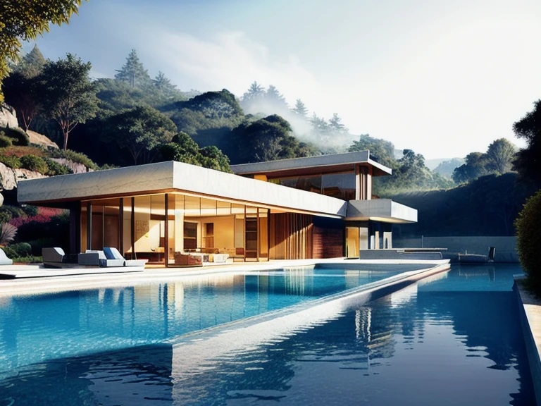 A house embedded in a rock cliff jungle, a river is running in the bottom forming a beach of blue water where the sun is shining, orange, infinite pool, wood deck, FUTURISTIc architecture, projections, architecture render, wood, granite, marble, steel, perfect light, beautiful rendering, great textures, photography, high quality lenses, long shot, long exposure gardens, sun light, lamps, warm, balcony, interior design, cozy, home, patio, access entrance, pool, glass, nature, isometric, water, gardens, cinematic light, haze, fog