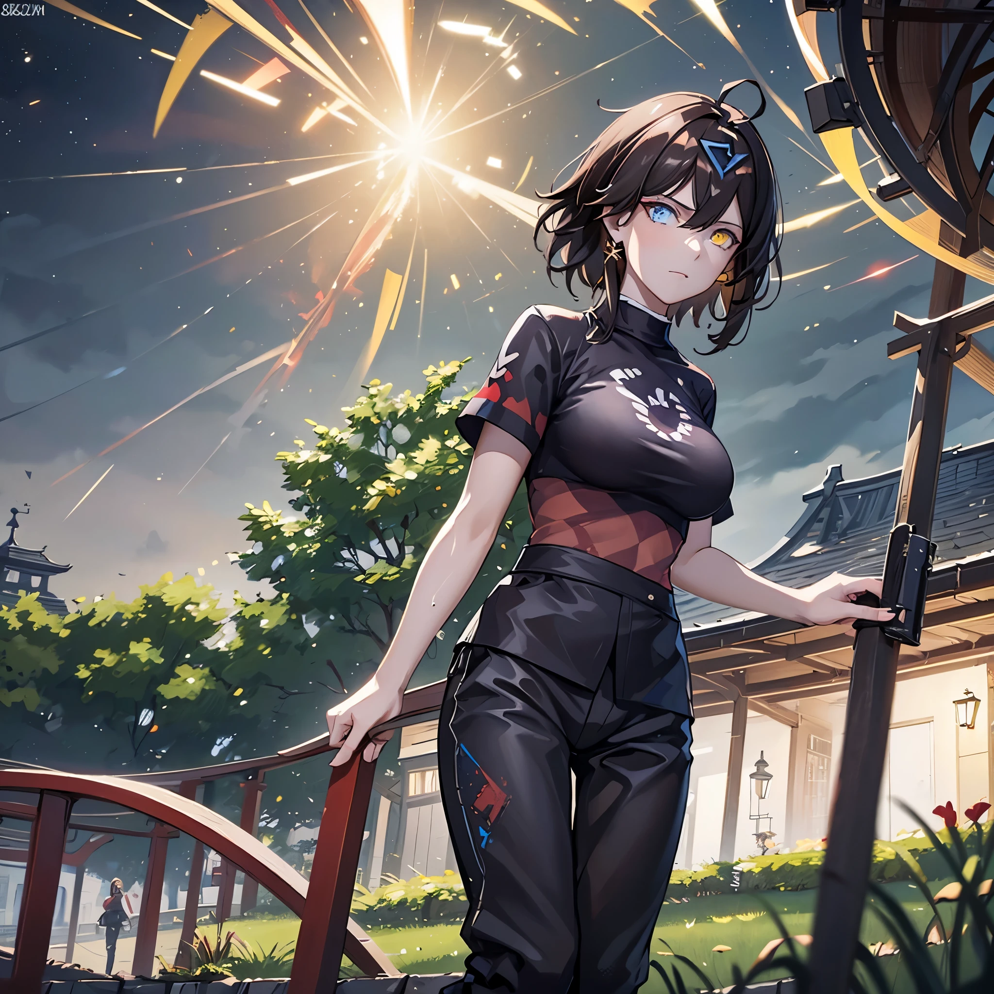 A woman with a red and black checkered t-shirt, wet black pants, dark brown hair, one blue eye, one yellow eye, in a gazebo, on a lawn, at night, a city in the background, holding a cell phone.,(just a girl, solo) ultra resolution, very detailed, HDR, masterpiece, 8K hd
