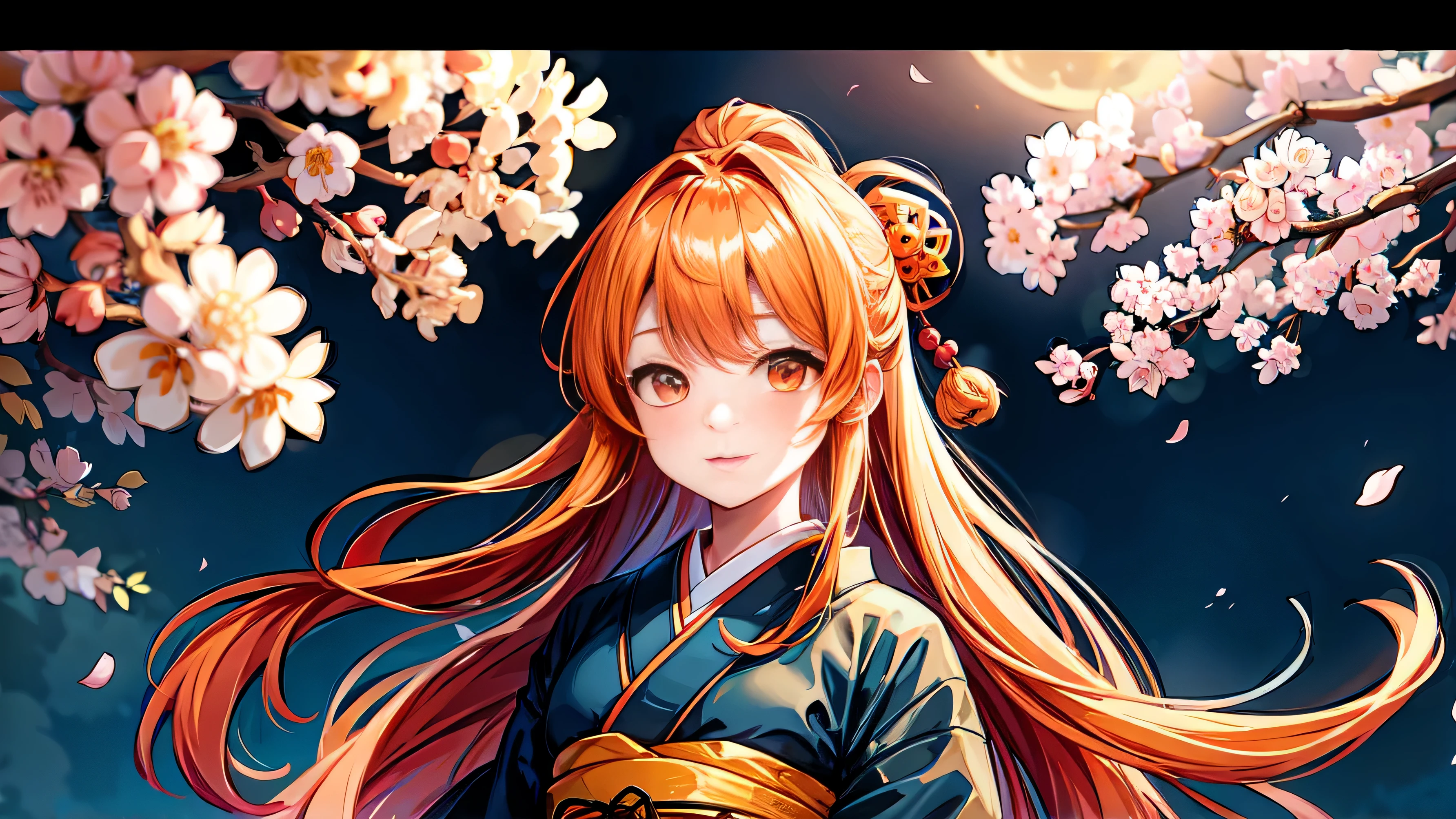 1 girl,orange hair,long hair (sketch:1.2),High definition, (midnight:1.4),(Japanese style:1.4),cherry blossoms,princess,trendy