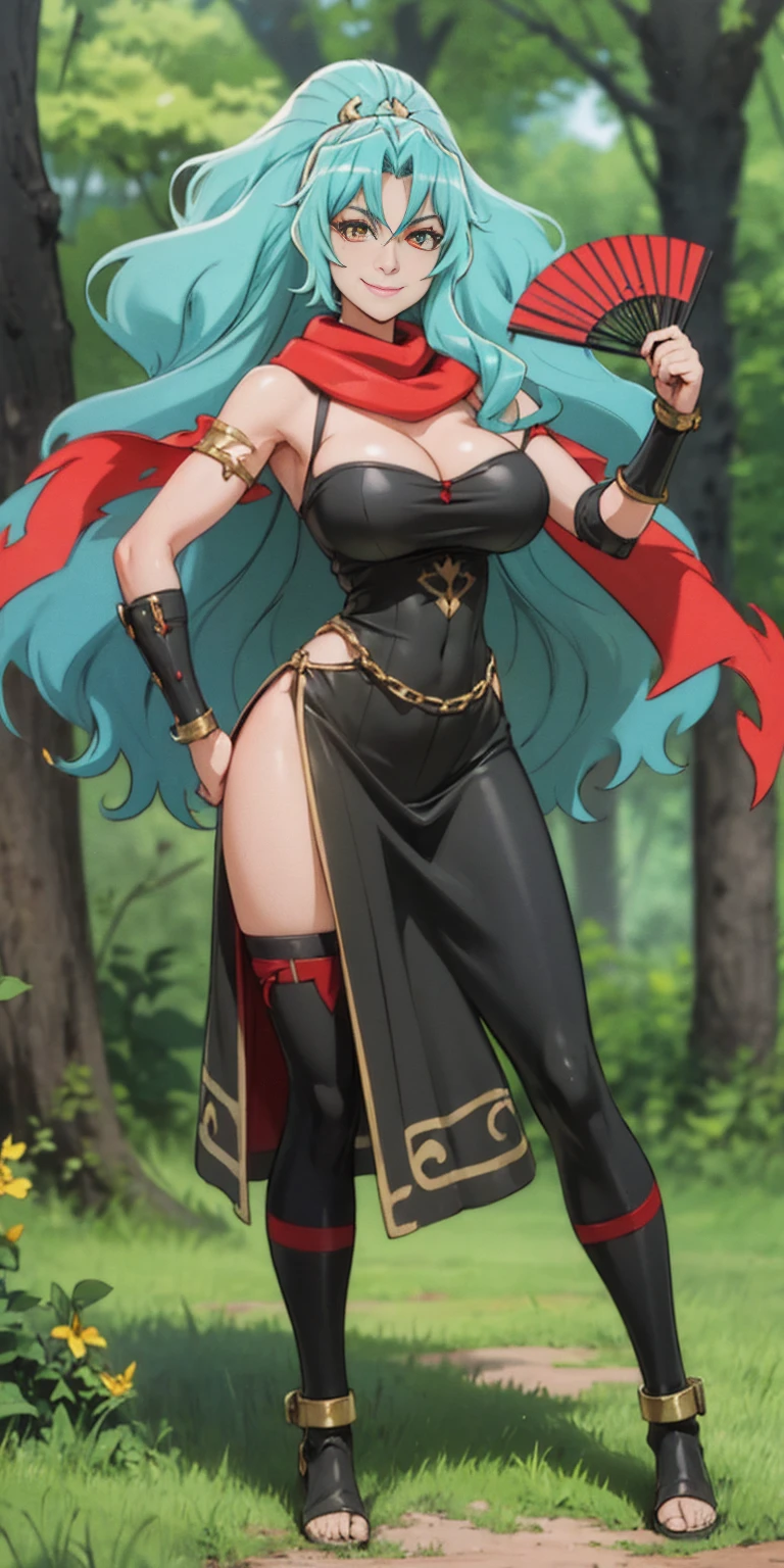 A woman with long blue hair, red reptilian eyes and a curvaceous figure, smiling in a fantasy world forest, holding a fan with one hand, big breast, solo, 1girl, smile, red scarf, looking at viewer, SLAVE, SHACKLES, BRACERS, CHAINS