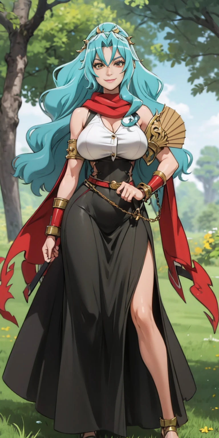 A woman with long blue hair, red reptilian eyes and a curvaceous figure, smiling in a fantasy world forest, holding a fan with one hand, big breast, solo, 1girl, smile, red scarf, looking at viewer, SLAVE, SHACKLES, BRACERS, CHAINS