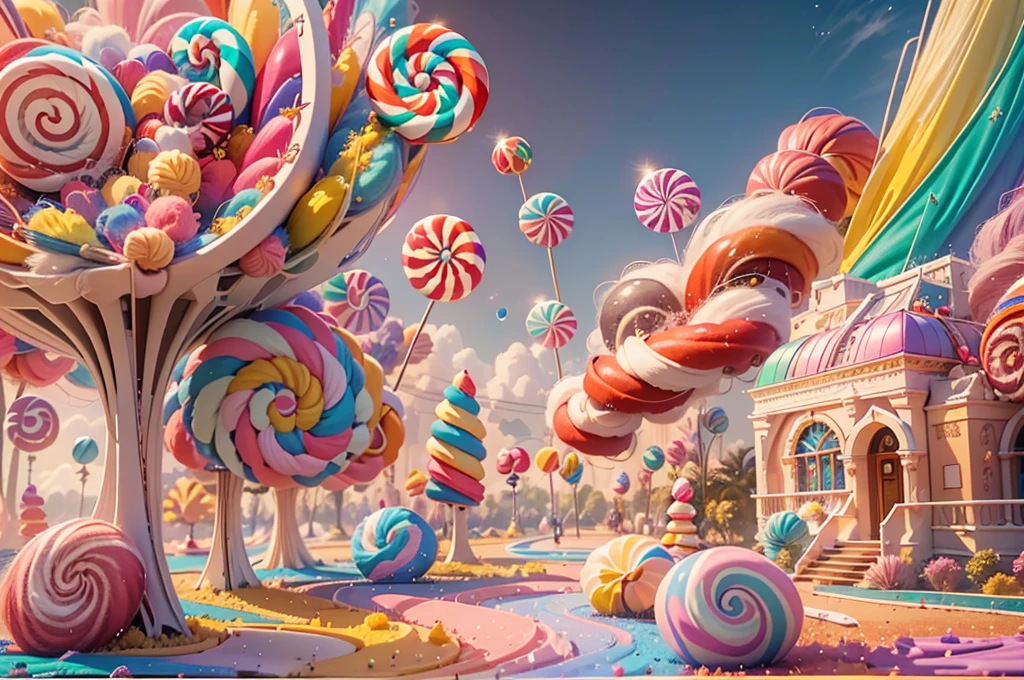 a colorful candyland filled with vibrant candies and delightful landscapes, (best quality,4k,8k,highres,masterpiece:1.2)ultra-detailed, (realistic,photorealistic,photo-realistic:1.37) scenes of candy people with enchanting eyes and lips, sugary landscapes bursting with candies, towering lollipops and candy cane trees [sugar-coated, candy-covered] pathways, sparkling sugar sprinkles reflecting the sunlight, (vivid colors) vibrant rainbow-colored candies, (HDR) high dynamic range to enhance the vibrant colors, (concept artists,artistic,creative) artistic interpretation of a candyland, dreamy and surreal atmosphere, soft pastel color palette, (bokeh) dreamy out-of-focus lights that resemble shimmering sugar particles, (studio lighting) carefully placed lighting to enhance the candyland's magical ambiance