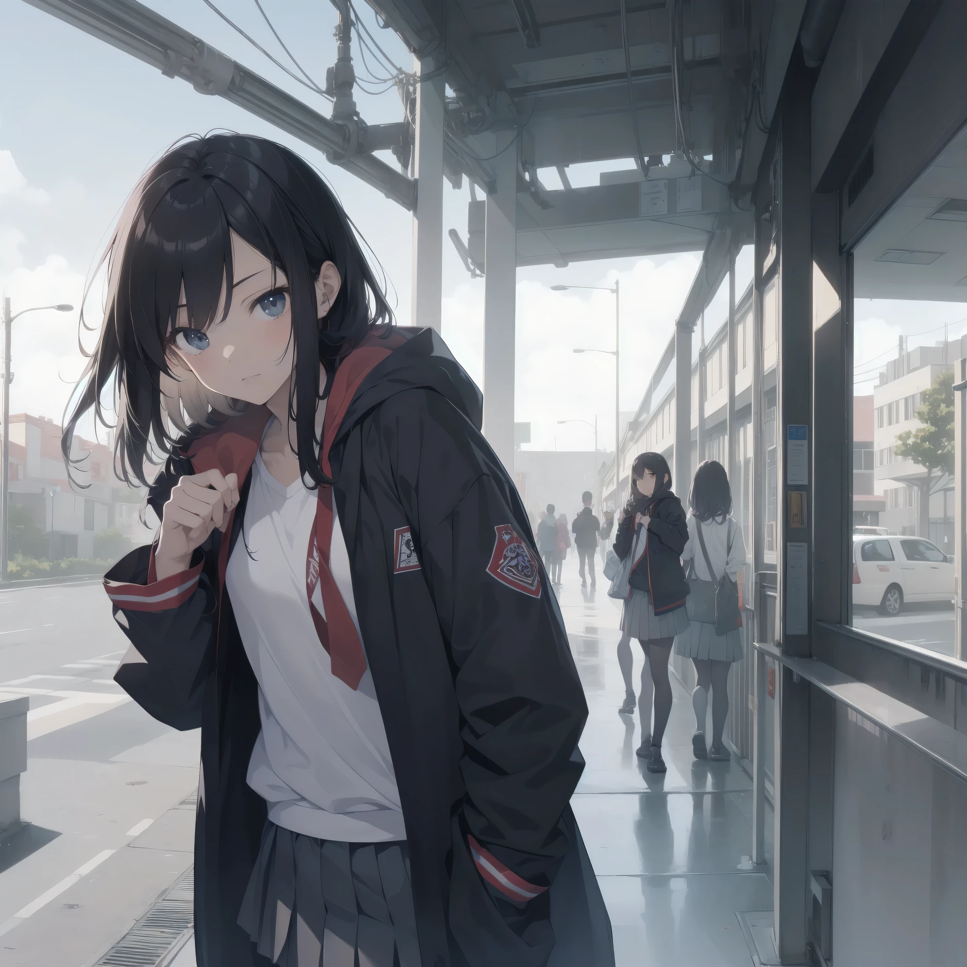 ultra-absurdres-Top quality by artist God, ultra-detailed, high resolution, anime moe artstyle, best anime 8k konachan wallpaper, pixiv contest winner, perfect anatomy,break, 1girl, (Please draw a girl walking sleepily to school alone. )break,(Solo,little female, -yeld:1.Full limbs, complete fingers,a junior hiiveness of immature bodies, (very short hair), short cut, flat chest, , small butt, small black eyes, beautiful detailed eyes, well-proportioned iris and pupils, expressive eyes, highres detailed hair, soft expression, school_uniform, official_alternate_costume, pleated skirt,(Detailed Lighting), (Detailed background), in the School commute route. break,super detailed skin, Best cinematic lighting powered by famous artist, 8k,beauty illustration,photoshop_(medium),very aesthetic,break,((artist:kouji_(campus_life) )), artist:akinashi yuu ,artist:oyari ashito ,artist:kantoku ,