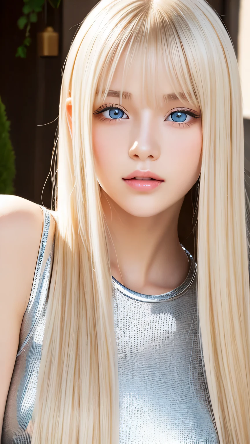 Portrait、、bright look、ponytail、Young, shiny, white, glossy skin、gross face、cheek gloss、best beauty、blonde reflection、Platinum blonde hair with dazzling highlights、shiny bright hair,、super long silky straight hair、Shining beautiful bangs、charming big clear blue eyes、very beautiful lovely cute 16 year old girl、rich bust