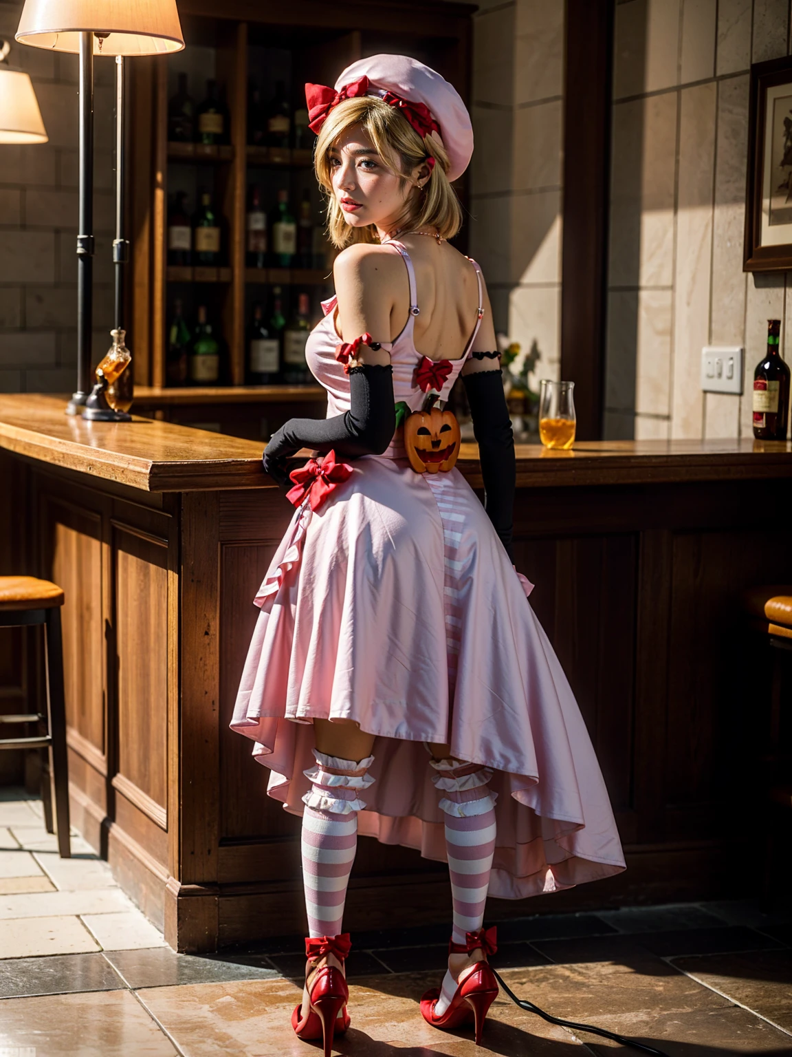 (1 lady), The beautiful, (Best quality at best:1.4), (ultra - detailed), (extremely detailed CG unified 16k), gold blonde hair, very detailed, High-definition RAW color photo, professional photoshooting, amazing face and eyes, cosmetics, (amazingly beautiful girl), ((lambdadelta, taller, tall woman)), ((dress, shoes bow, red shoes, striped stockings, red bow, pink hat, necklace, gloves, pearl, pumpkin brooch, pink dress)), levitating in a cute posture (floating in the air), (She's levitating in a cosmic sea, outer space:1.3, quantum hyperspace room lacking walls, hyperspace chamber, extremely detailed background, a lot of details background, realistic background), (look from above), realistic cinematic face, head to feet long wide zoomed out view, full body long view, photorealistic, ((realistic natural blonde hair style, red eyes)), gorgeous, extremely beautiful face, perfect model beauty, pout mouth, Highly Detailed Face and Skin Texture, Detailed Eyes, Double Eyelids, Big Breasts, Persistent Stare, Faith Trance, (mystical stare, looking eternity), (masterpiece), best quality, high resolution, depth of field, cinematic lighting, amazing legs, pink combat boots, clear and well-cared skin
