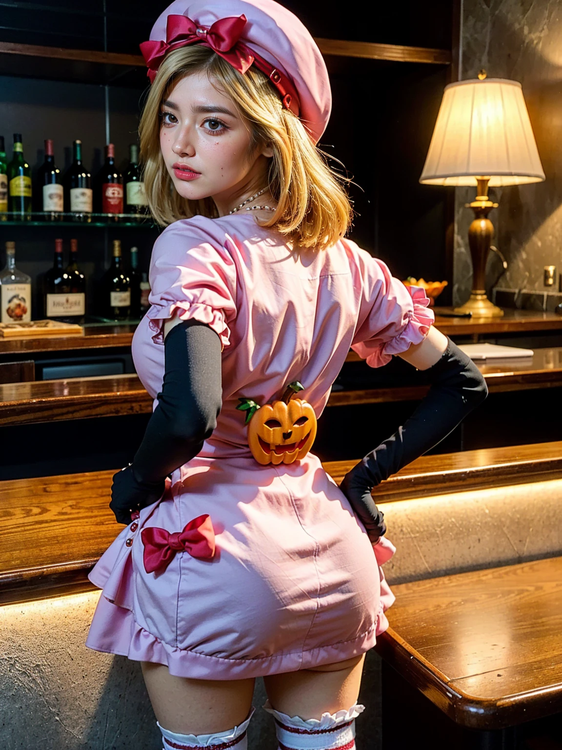 (1 lady), The beautiful, (Best quality at best:1.4), (ultra - detailed), (extremely detailed CG unified 16k), gold blonde hair, very detailed, High-definition RAW color photo, professional photoshooting, amazing face and eyes, cosmetics, (amazingly beautiful girl), ((lambdadelta)), ((dress, shoes bow, red shoes, striped stockings, red bow, pink hat, necklace, gloves, pearl, pumpkin brooch, pink dress)), standing, sexyposture，(Dark and stylish bar, drinks, lamp lights, lamp lights:1.3), (look from down), realistic cinematic face, head to feet long wide zoomed out view, full body long view, photorealistic, ((realistic natural blonde hair style, honey eyes)), gorgeous, extremely beautiful face, perfect model beauty, pout mouth, flirting smile, cleavages, city girl, western, shopping in the city, (masterpiece), best quality, high resolution, extremely detailed, blurred background, depth of field, cinematic lighting, amazing legs, high heels, clear and well-cared skin, from behind, nice ass, 