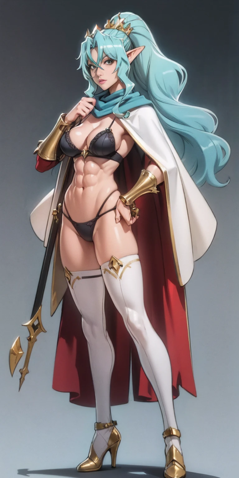 extremely long hair , ponytail, perfect anatomy 1 girl tall solo, slim thick, ((muscular)) high elf toned body, silver breast plate, blue cape, slender abs, hourglass waist, detailed face, defined cheekbones, puffy lips, gauntlets, gold crown, shadow over eyes, looking at viewer, masterpiece, white thigh highs lingerie, high heels