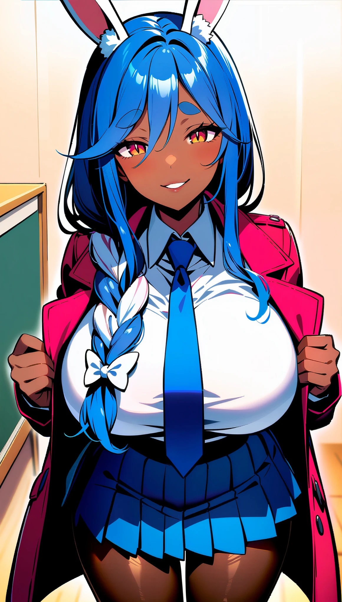 masterpiece, high quality, extremely detailed, 1girl, milf, solo, bunnygirl, (dark skin brown skin:2), pekomama, (huge breasts:1.5), ((((blue hair), long hair, pink eyes, slit pupils, rabbit ears))), parted lips, (((wearing coat, white shirt, blue necktie, pleated skirt, pantyhose))), ((naughty smile), closed mouth), ((classroom))