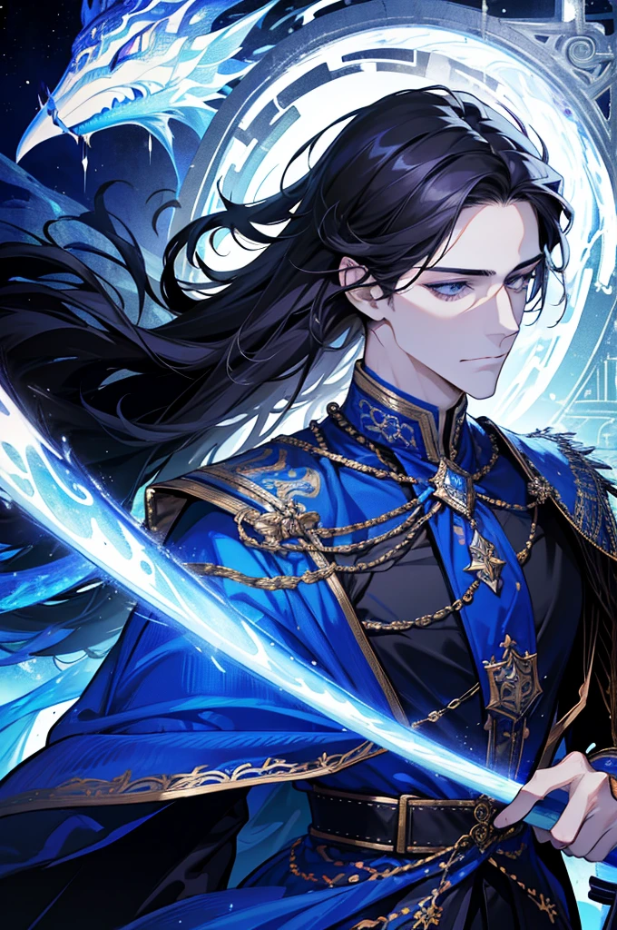 (absurdres, highres, ultra detailed), 1 male, adult, handsome, tall muscular guy, broad shoulders, finely detailed eyes, dark color hair, fantasy, complex pattern, detailed face, throne, magic effect, best ratio four finger and one thumb, ice, bitter cold, cold snap, smile, (dutch angle), closed mouth