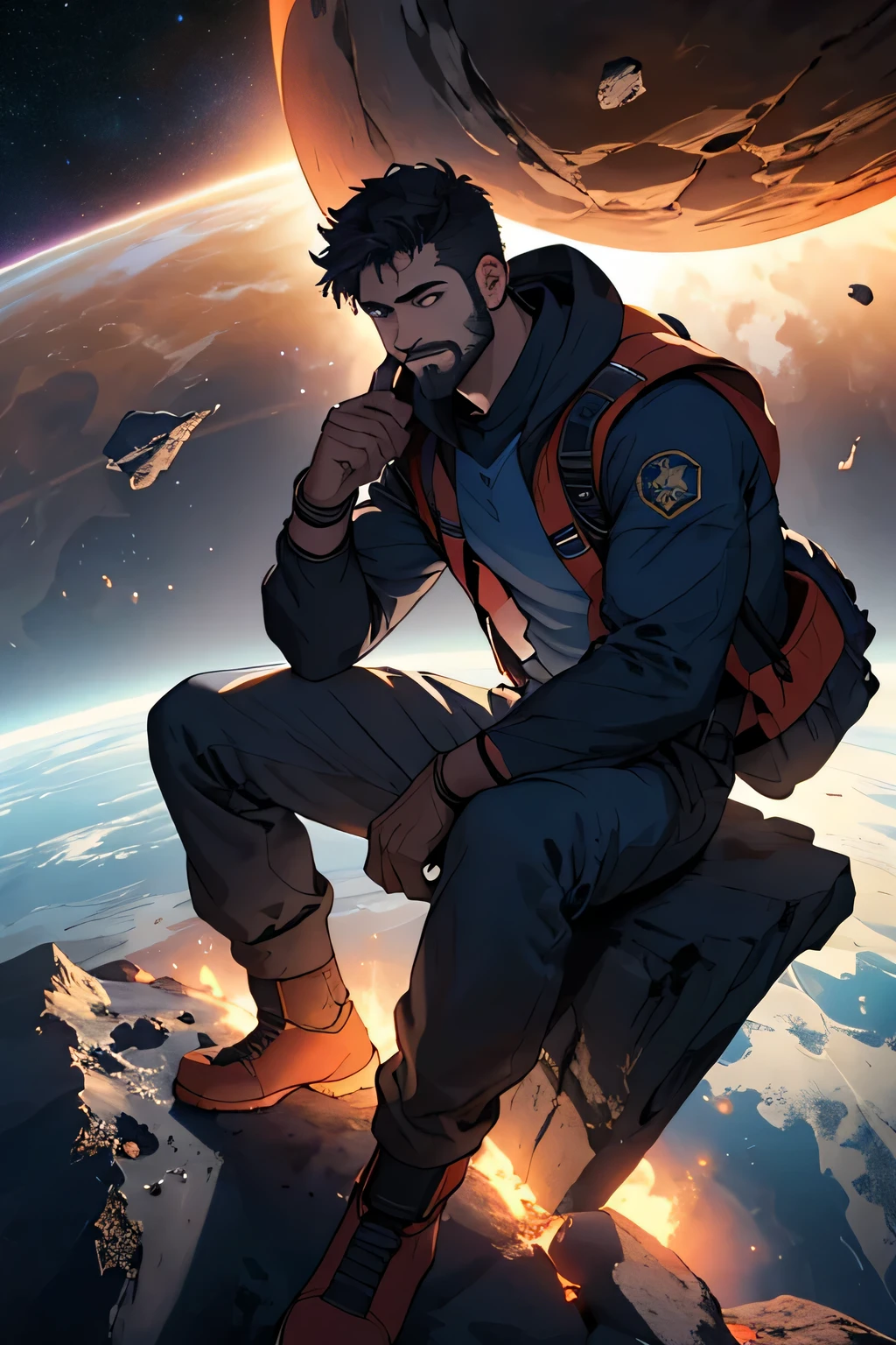 Draw a young programmer, sitting on a research platform floating in the middle of an asteroid belt. He is studying with a notebook, surrounded by several asteroids glowing with fiery auras. Dramatic lighting from distant stars and planets illuminates the scene, casting deep shadows on the suit. The young man looks confident and determined, looking at the vast and mysterious universe with wonder and respect,facial hair, cowboy shot,