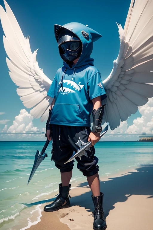 angel wearing full body fisher clothes and shark head as helmet, he also has a badass mask with shark teeth drawn (face hidden), blue wings (((2 wings))), holding a sword fish as weapon, shark dram on his vestiment, sea superfice at background, dinamic pose