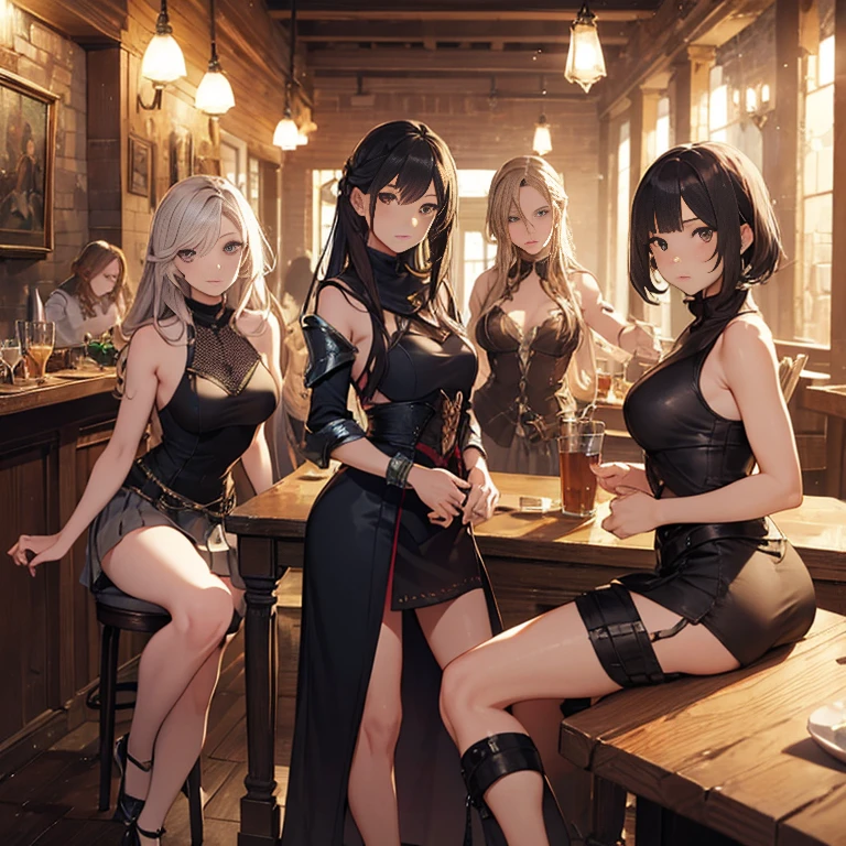 A group of female medieval fantasy adventurers, (in tavern), various hair styles, harem, night, details face, short skirt, seducing, sleeveless, armor