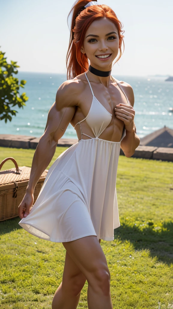 (Muscular:1.5), (thick thighs:1.2),
ginger, red hair, (big smile:1.3), ponytail, (flat chest:1.5), hard nipples,
eyeshadow, lipstick, choker, (sundress:1.4), picnic,
(upper body view), looking at viewer, (three quarter view),
rim lighting, two tone lighting, dim lighting, detailed skin, detailed eyes