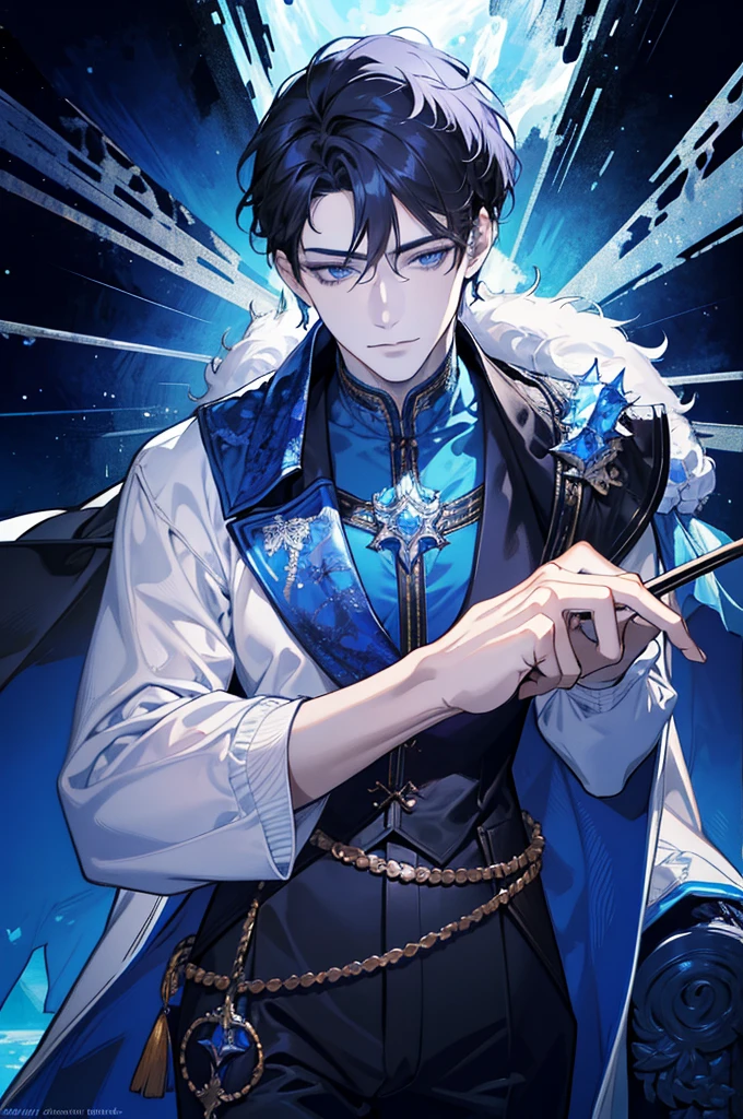 (absurdres, highres, ultra detailed), 1 male, adult, handsome, tall muscular guy, broad shoulders, finely detailed eyes, dark color hair, fantasy, complex pattern, detailed face, throne, magic effect, best ratio four finger and one thumb, ice, bitter cold, cold snap, smile, (dutch angle), closed mouth