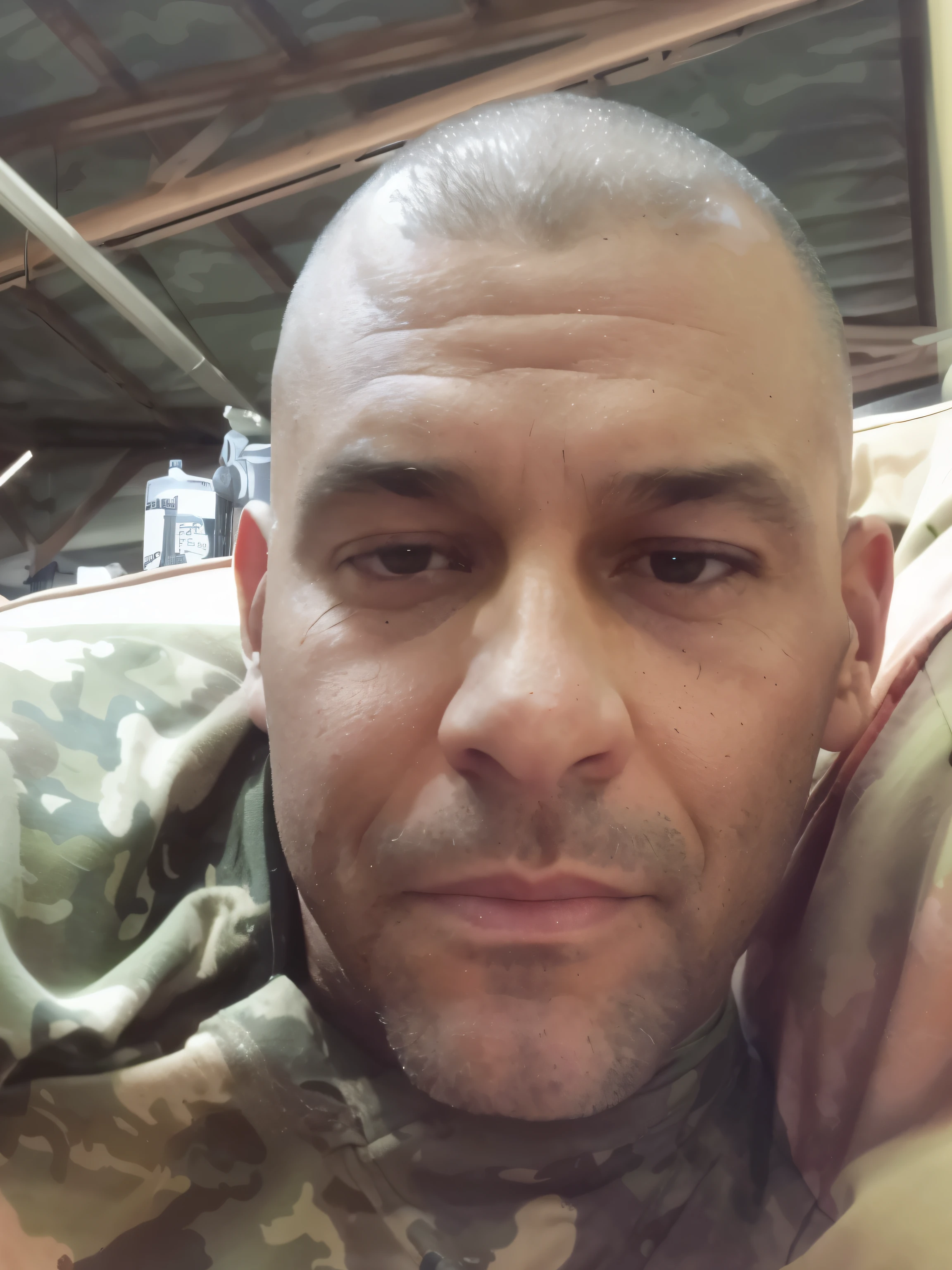 arafed man in camouflage shirt laying on a bed with a blanket, profile photo, solo male weary soldier, 45 years old men, profile image, profile picture, profile shot, taken in the early 2020s, 4 0 years old man, french man from louisiana, 38 years old, profile pic, 3 6 years old