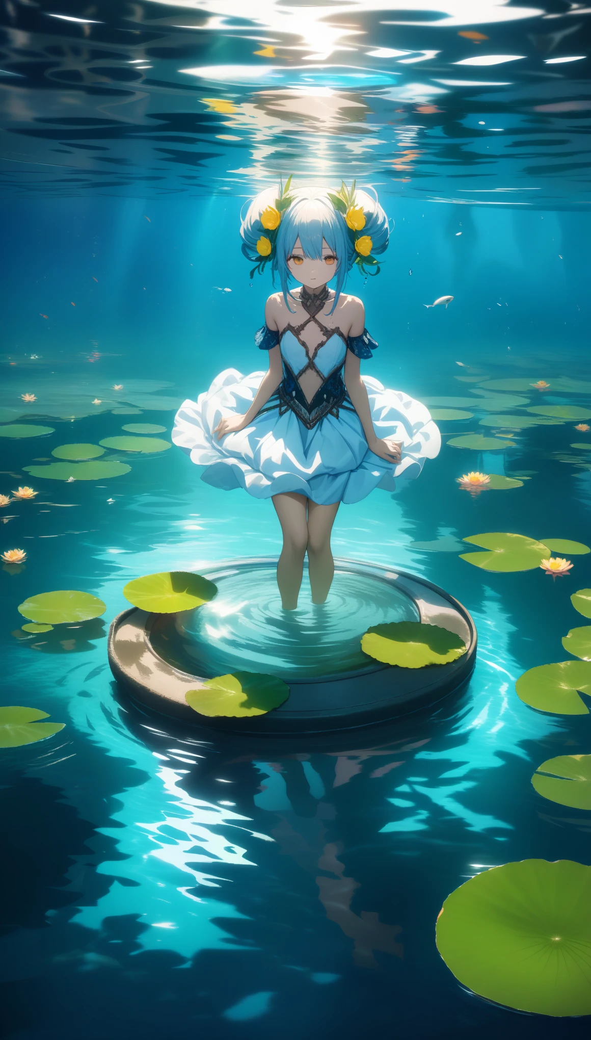 32k, best quality, ultra high res, HDR, UHD, extremely detailed CG, unity 32k wallpaper, a man inside the pond with lily pads underwater, inside the pond, standing inside the pond, Float in a powerful zen state, nymph underwater, sitting in a reflecting pool, floathing underwater In the lake, Sitting on the pond, up to your shoulders in water, hair floats in water, In the lake, underwater