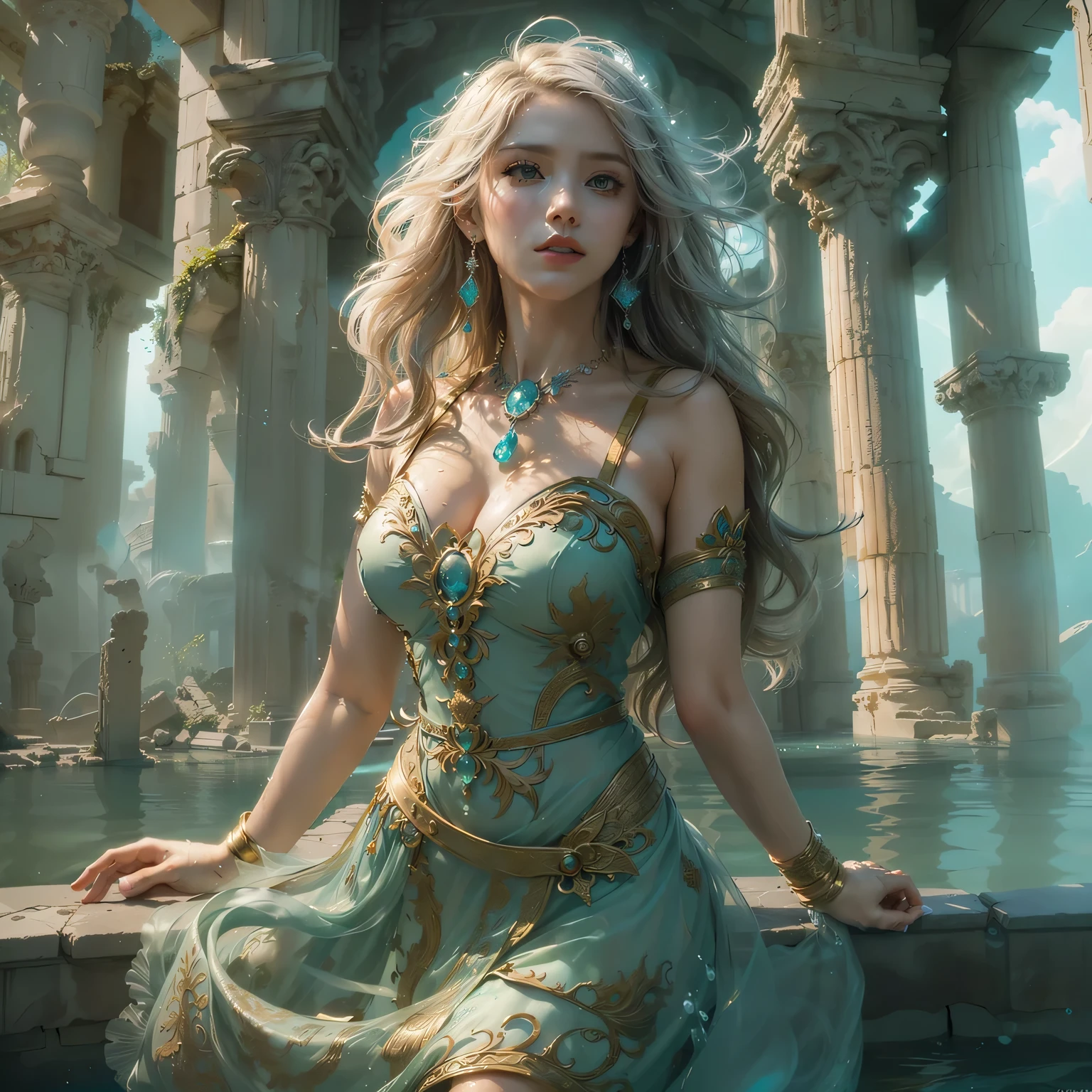16k, ultra detailed, masterpiece, best quality, (extremely detailed), dynamic angle, anatomically correct, an ultra wide angle picture of a female human in front of a magical tower (intricate details, Masterpiece, best quality: 1.5), female human (intricate details, Masterpiece, best quality: 1.5), beautiful human (intricate details, Masterpiece, best quality: 1.4), (blue skin: 1.3), white hair, braided hair, magical tower ( 1.5, intense details, masterpiece), flowing robe, sun light,