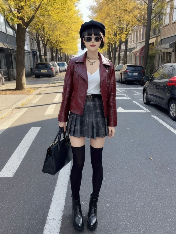 1 girl, short hair, black hair, bag, bracelet, fashion, hat, jacket, jewelry, necklace, tights, belt, black shoes, black jacket, boots, earrings, full body, holding, jacket, leather, leather jacket, outdoors, tights, road, solo, standing, street, sunglasses, aviator sunglasses, black tights, black shirt, chain, long sleeves, looking at viewer, outdoors, plaid skirt, red skirt, ring, shirt, skirt, solo, standing character, genshin impact, character thumbnail, Standing picture, character, full body, anime style illustration.
