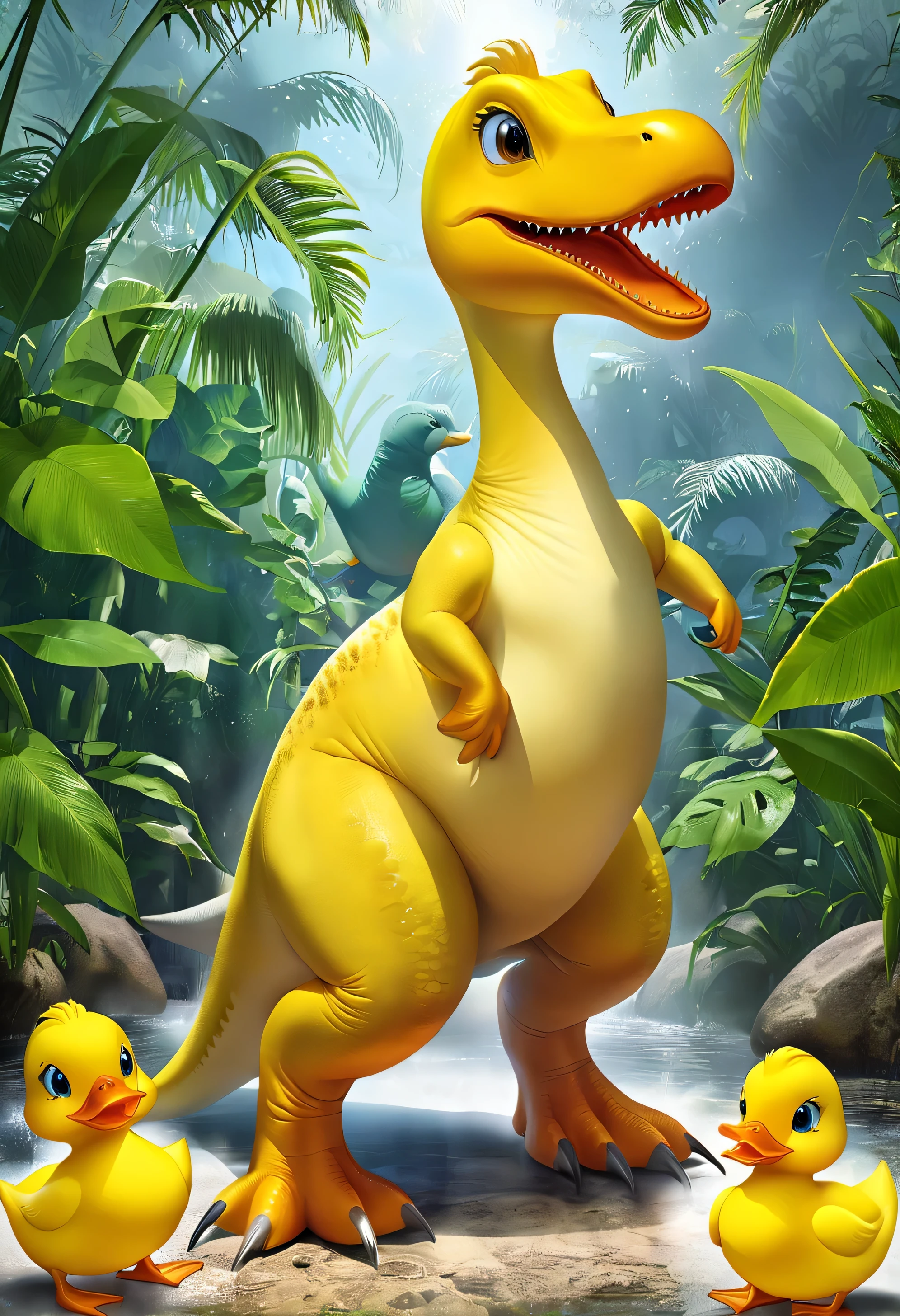 A dinosaur with the head of a yellow duck., Ducknosaurus, T-Rex with a yellow duck head