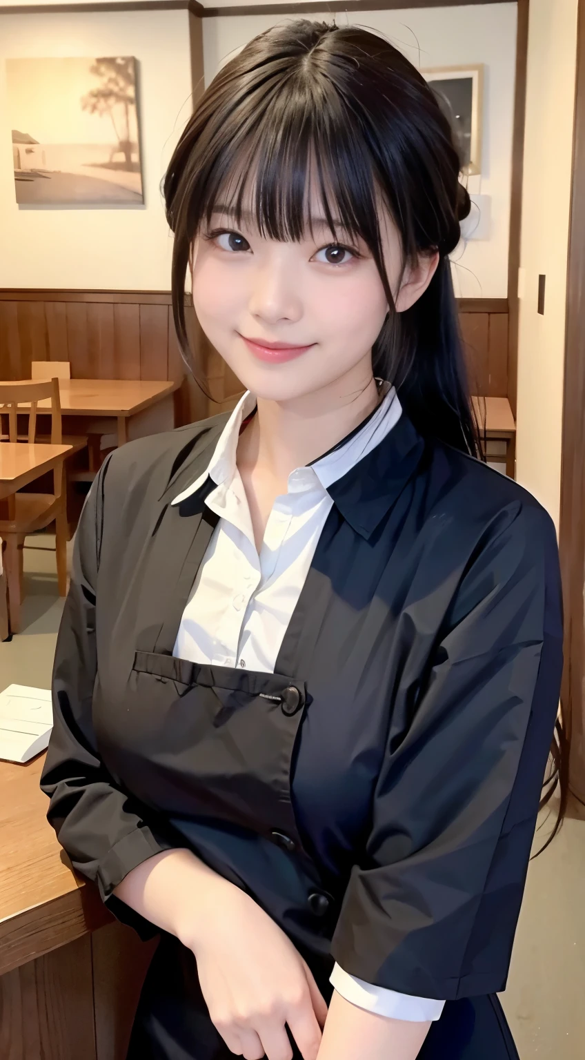 (highest quality,masterpiece:1.3,ultra high resolution,),(Super detailed,caustics),(Photoreal:1.4,RAW shooting,)ultra-realistic capture,very detailed,High resolution 16K human skin close-up。 natural skin texture、,The pores are、、、、Must be detailed enough to be easily identified。 Skin should look even-toned and healthy。 Use natural light and color,restaurant,waitress uniform,1 girl,Japanese,18-year-old,cute,black haired,ponytail,big breasts,smile,turn your body forward,(Front view:1.1),look at the camera,cowboy shot,