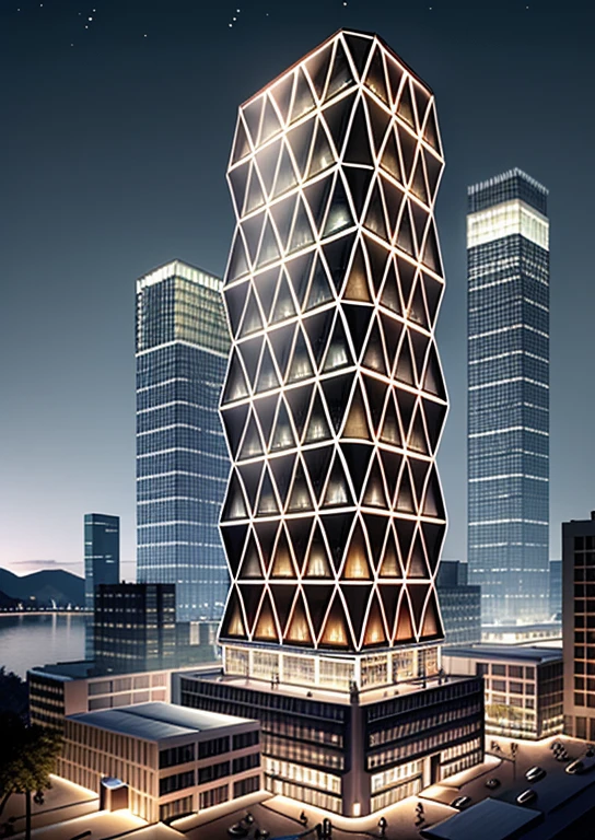 Swing out coffee table and parasol, light from inside the building, waterfront, Mountain, water surface, square,  venue, industrial style, Koolhaas, Glass curtain wall, Metal plate, conceptual style, cyberpunk style, night view, 8K, high detail, accurate structure, movie light effect