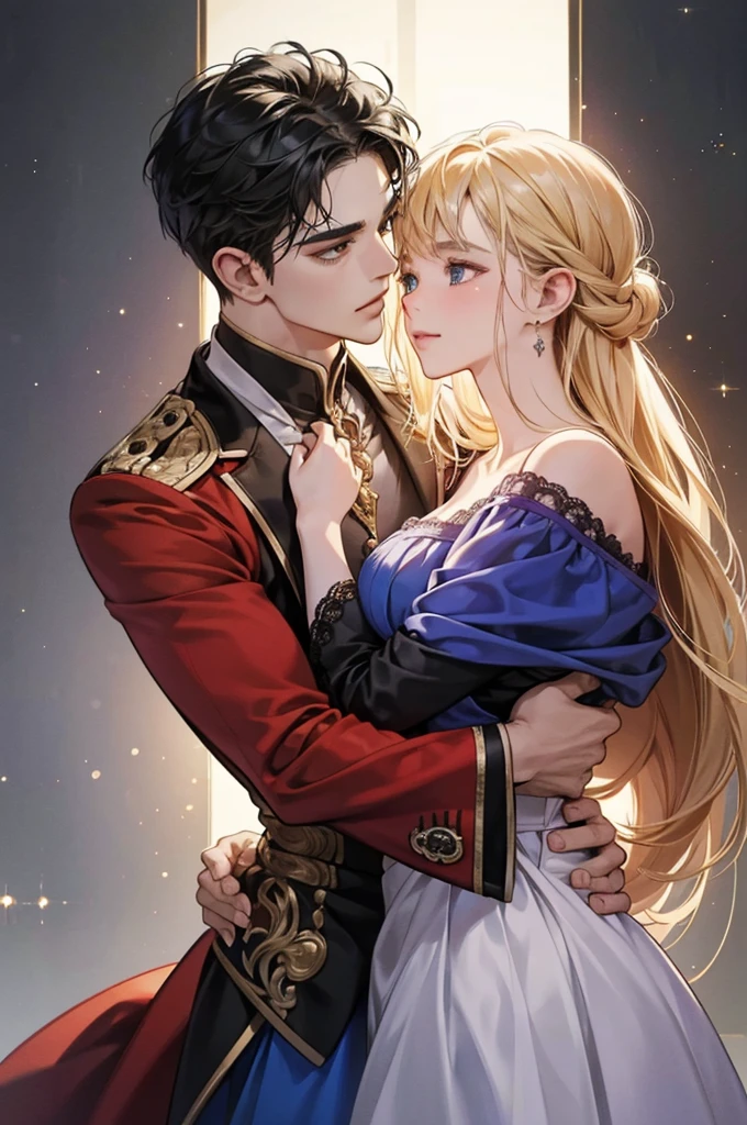 An amazing fantasy couple, deeply in love, is depicted in this close-up image. The level of detail is absolutely superb, with intricate features that bring the characters to life. The image is captured in an ultra-high resolution, allowing every minute detail to be visible. The background is meticulously designed, creating a vibrant and immersive world for the couple. This artwork can be considered a masterpiece, with a level of craftsmanship that is truly commendable. The couple is shown in an intimate embrace, their expressions filled with love and adoration for each other. The artist has paid special attention to the facial features, with detailed eyes that sparkle with emotion. The skin of the characters is flawlessly rendered, appearing both smooth and radiant. The artist has skillfully accent