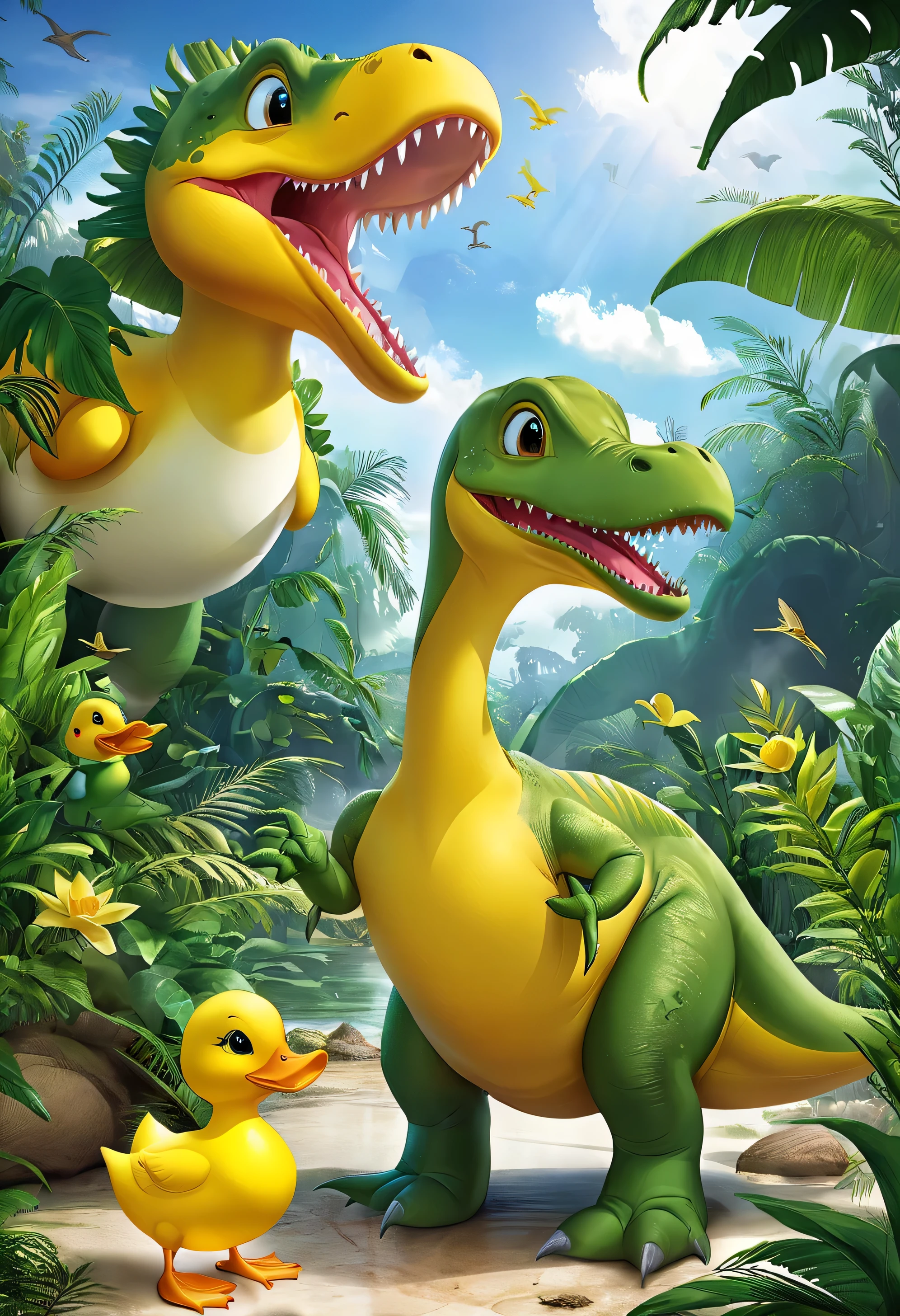 A dinosaur with the head of a yellow duck., Ducknosaurus, T-Rex with a yellow duck head