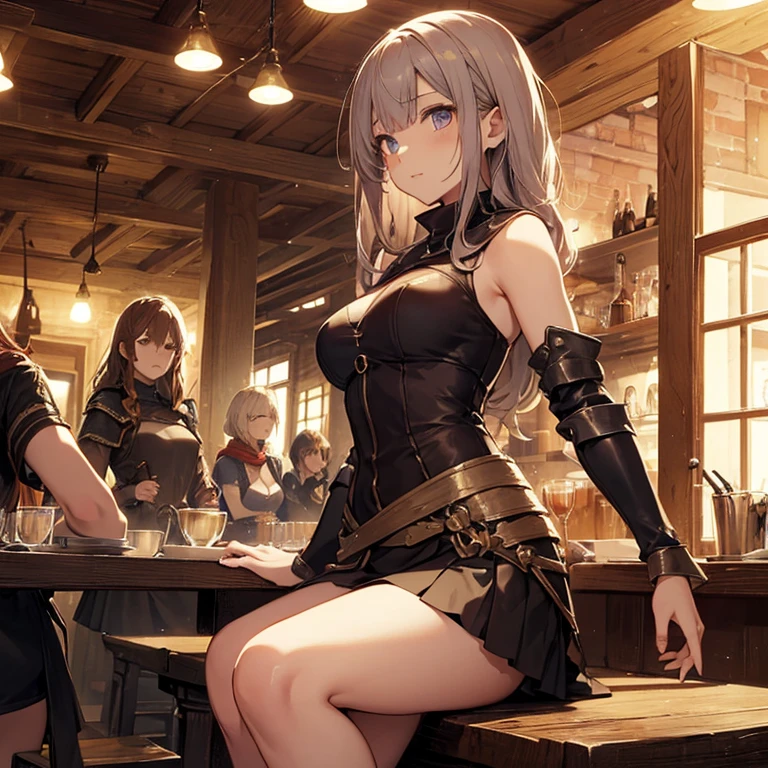 A group of  female medieval fantasy adventurers, (in tavern), various hair styles, harem, night, details face, short skirt, seducing, sleeveless, armor 