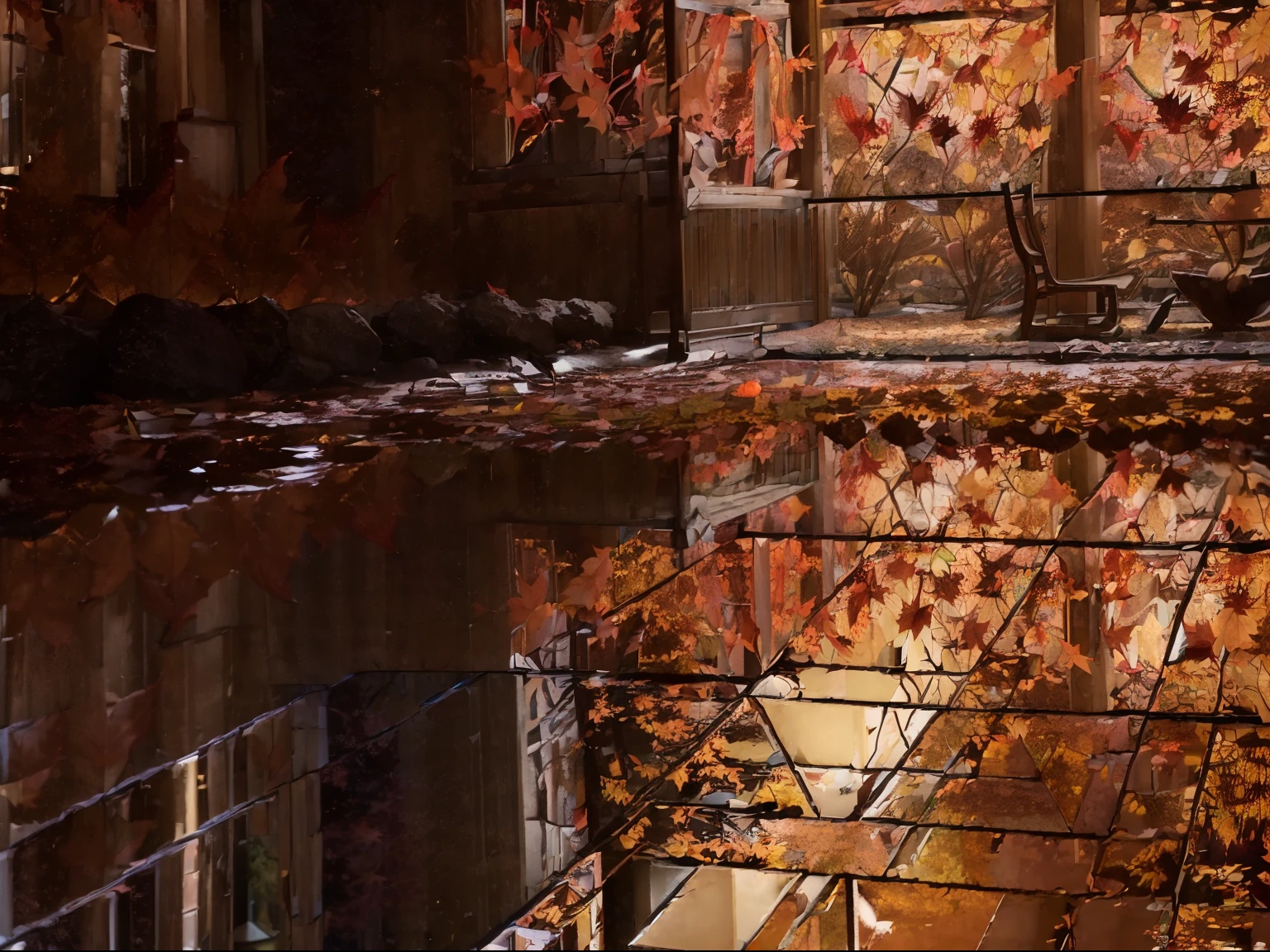 ((((night situation:1.5)))), An illustration of the scenery of the autumn leaves are depicted in a double layer due to the mirror reflection of Korin-in, Daitoku-ji Temple. at night, ultra-detailed, hyper-sharp, digital illustration, Place: Daitokuji Korin-in room Time: Autumn Subject: A specular reflection of autumn foliage The illustration depicts the specular reflection of autumn leaves on a table in the interior of Daitokuji Korin-in Temple. The table is in a room with a calm atmosphere like a tea room. The scenery of autumn leaves is clearly projected on the table. The scenery of autumn leaves is thought to have been seen from famous spots for autumn leaves such as the Sanmon Gate and Hojo in the precincts of Daitokuji Temple. The autumn leaves are dyed in various colors such as red, yellow, and orange, creating an atmosphere of autumn. (((In the illustration, the autumn leaves are depicted in a double layer due to the mirror reflection: 1.5))), which further emphasizes the beauty of the autumn leaves. In addition, the mirror reflection connects the interior and the landscape of the precincts, giving a sense of the depth of the space. Fittings such as shoji and fusuma in the room light from window Vividly expressing the colors of autumn leaves Emphasizing the beauty of autumn leaves by mirror reflection Expressing a space where the interior and the scenery of the precincts are connected