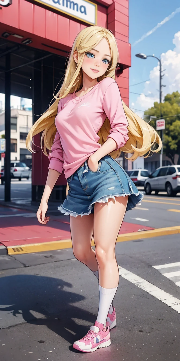 beautiful, (masterpiece:1.2), (best quality:1.2), Beautiful -yeld wh girl with blue eyes, long swept-back straight blond hair, Happy), Pink and white frilly miniskirt, pink shirt, pink socks, white sneakers, California City background, daylight.