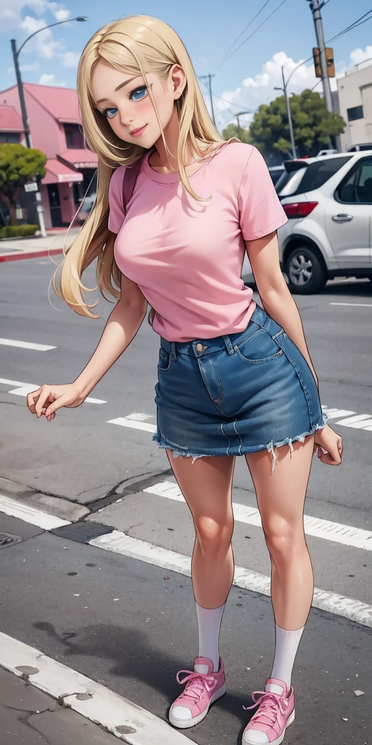 beautiful, (masterpiece:1.2), (best quality:1.2), Beautiful 10-year-old white girl with blue eyes, long swept-back straight blond hair, Happy), Pink and white frilly miniskirt, pink shirt, pink socks, white sneakers, California City background, daylight.