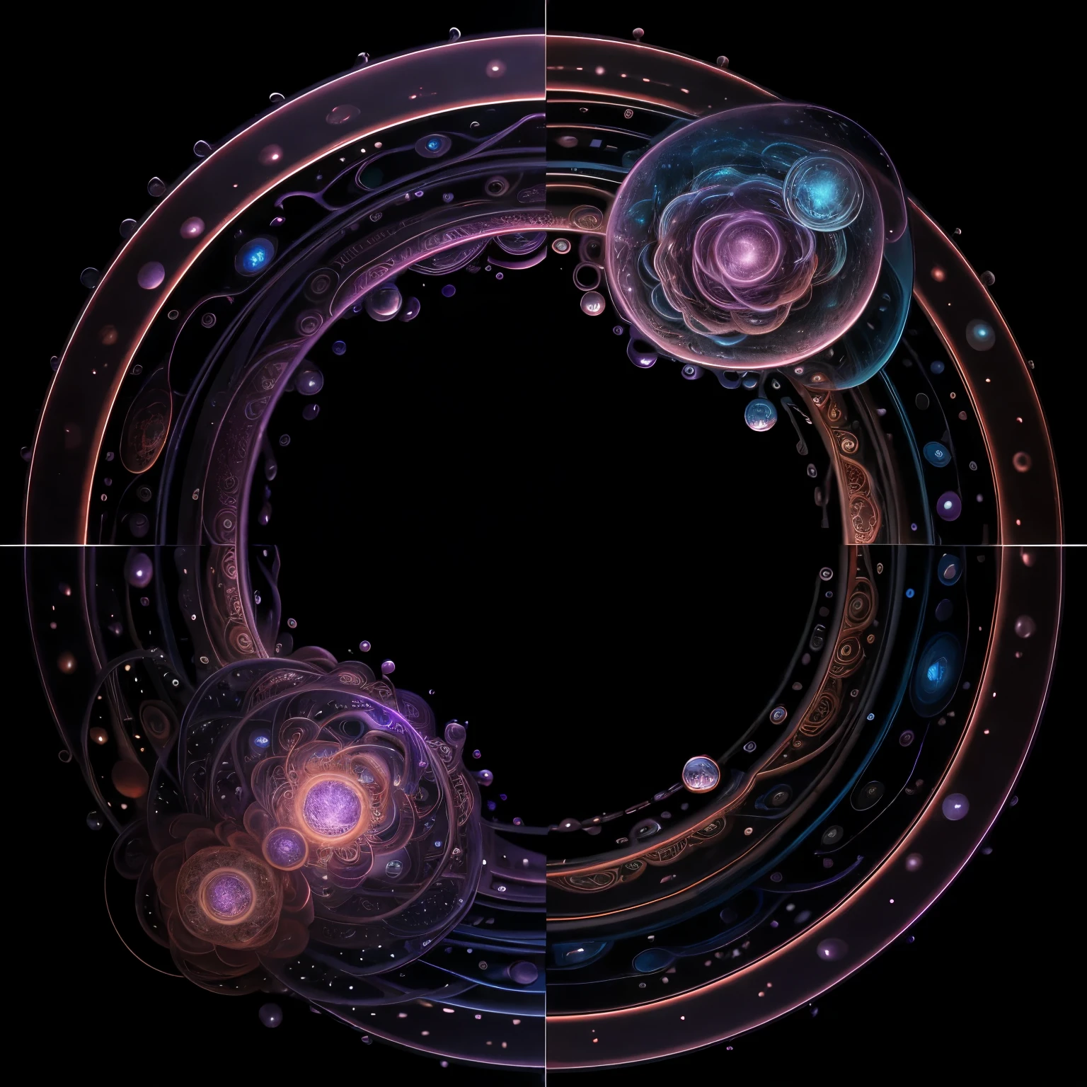 In the upper left corner, an enchanting artwork comes to life as the intricate dance of endocytosis unfolds. Two spiraling circles intertwine, one encapsulating the other, symbolizing the cell engulfing external substances. A radiant blue hue envelopes the circle of endocytosis, representing the cell membrane. Tiny, shimmering purple droplets visualize the vesicle formed, and a faint touch of pink illuminates the engulfed particle at the circle's core.
Alternatively, in the lower right corner, the harmony of life continues with the mesmerizing process of exocytosis. Another pair of interconnected circles