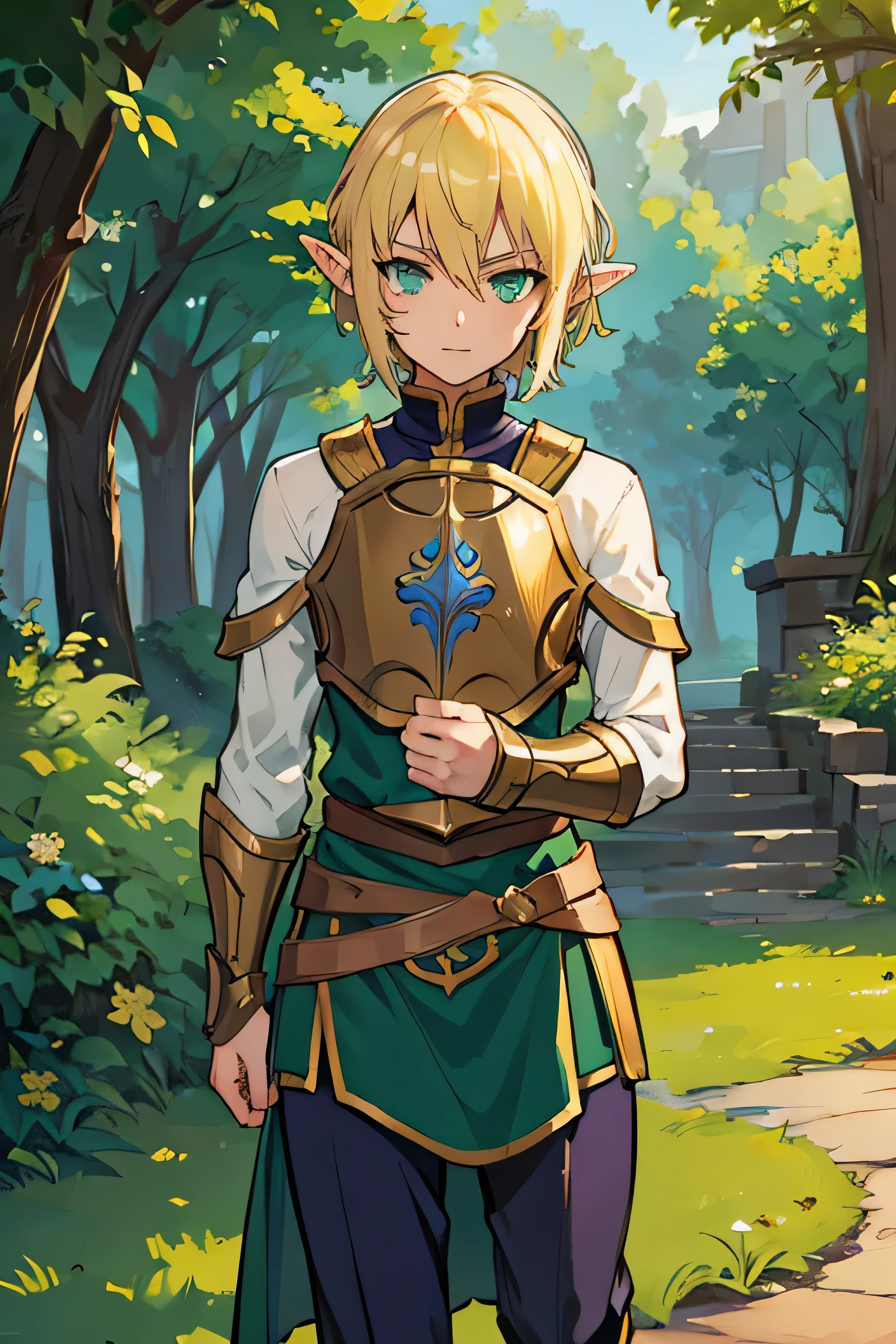 Male elf, cute, blonde hair green eyes, knight, paladin, lithe, agile, Solo, Facing the camera, Femboy