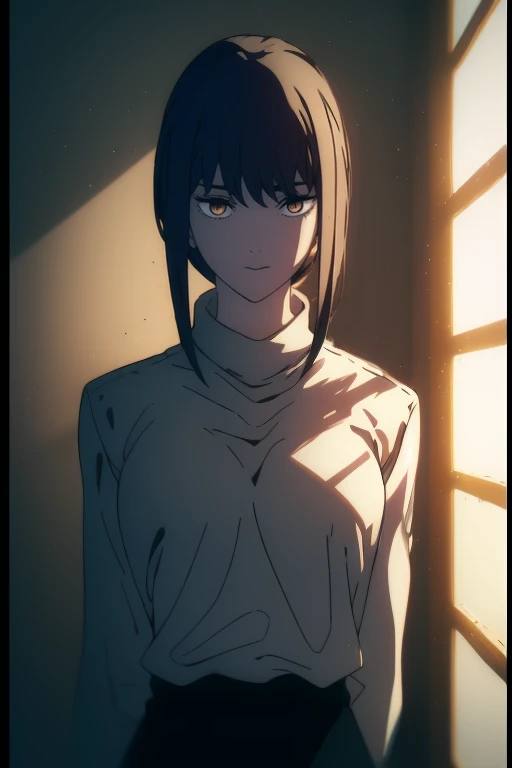 ((((Obra maestra, La mejor calidad, ultrahigh resolution)))), 1girl, standing, (baggy white t-shirt, loose fitting blue shortlack hair, dark black hair over eye)), long hair cut, pale skin, ((brown eyes)), glowing_eyes, neon eyes, (ultra detailed eyes:0.7, beautiful and detailed face, detailed eyes:0.9), ((centered)), smile, ((wide shot)), facing viewer, (((dark background of outside, flowers, bright lighting, summer, sunlight))), flat chested, looking at viewer, ((half closed eyes)), ((perfect hands)), ((head:1, hips, elbows, arms, in view)), ((hands behind back)), empty eyes, beautiful lighting, defined subject, 25 years old, ((cool looking))