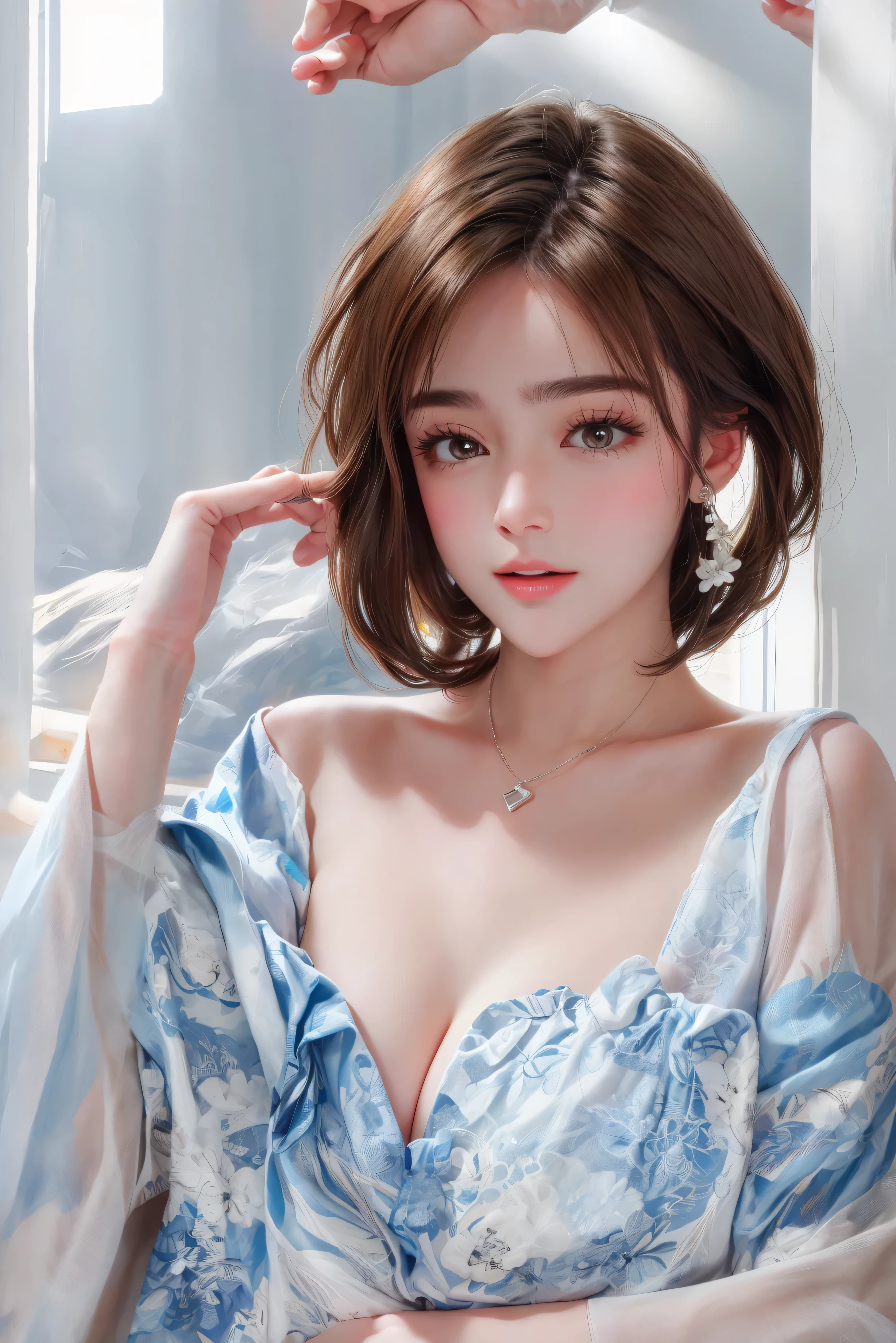 Please keep looking at me、Bright screen、light brown medium bob hair、8K、outdoor、blue sky、Upper body、Photographed alone、40 years old、
