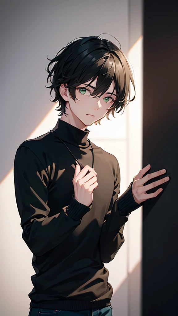 man, young man, men's hair is black, green eyes, black sweater, photo shoot, in class, realistic light and shadow, extremely detailed